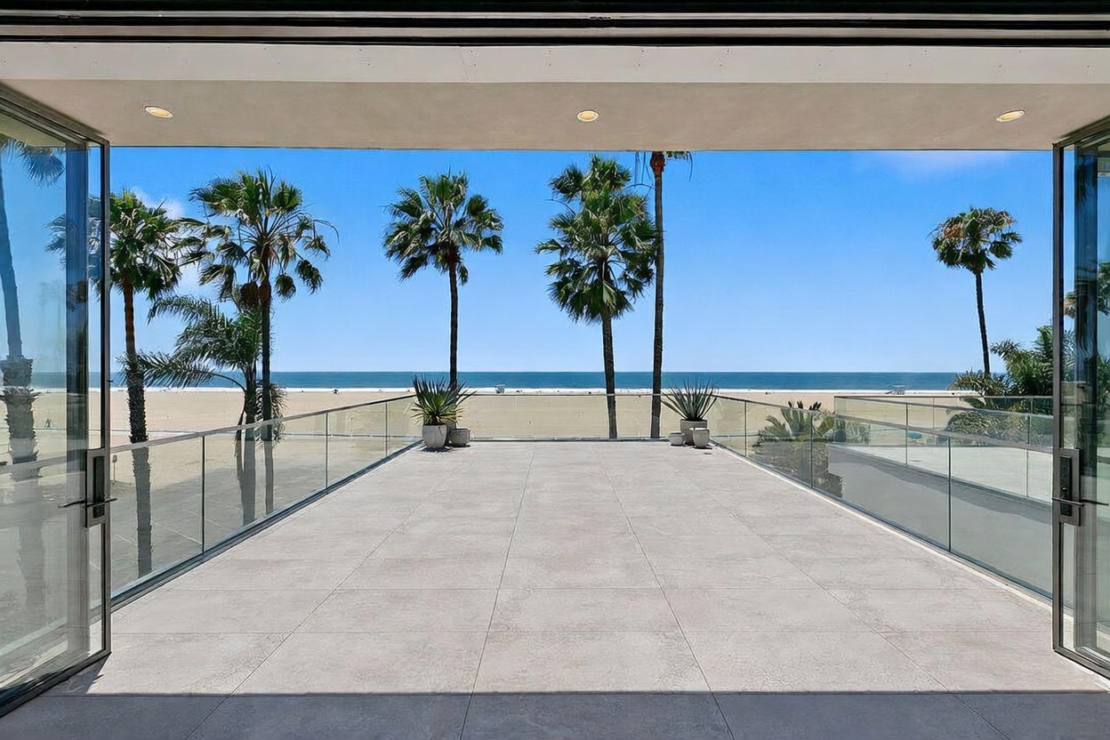 This expansive, modern balcony features large-format light-toned tiles and a sleek glass railing that provides an unobstructed view of the beach and ocean. The space is accessed through wide, open glass doors, creating a seamless transition between the indoor living area and the outdoor environment. Several palm trees frame the horizon, enhancing the serene, coastal atmosphere of this luxury property.