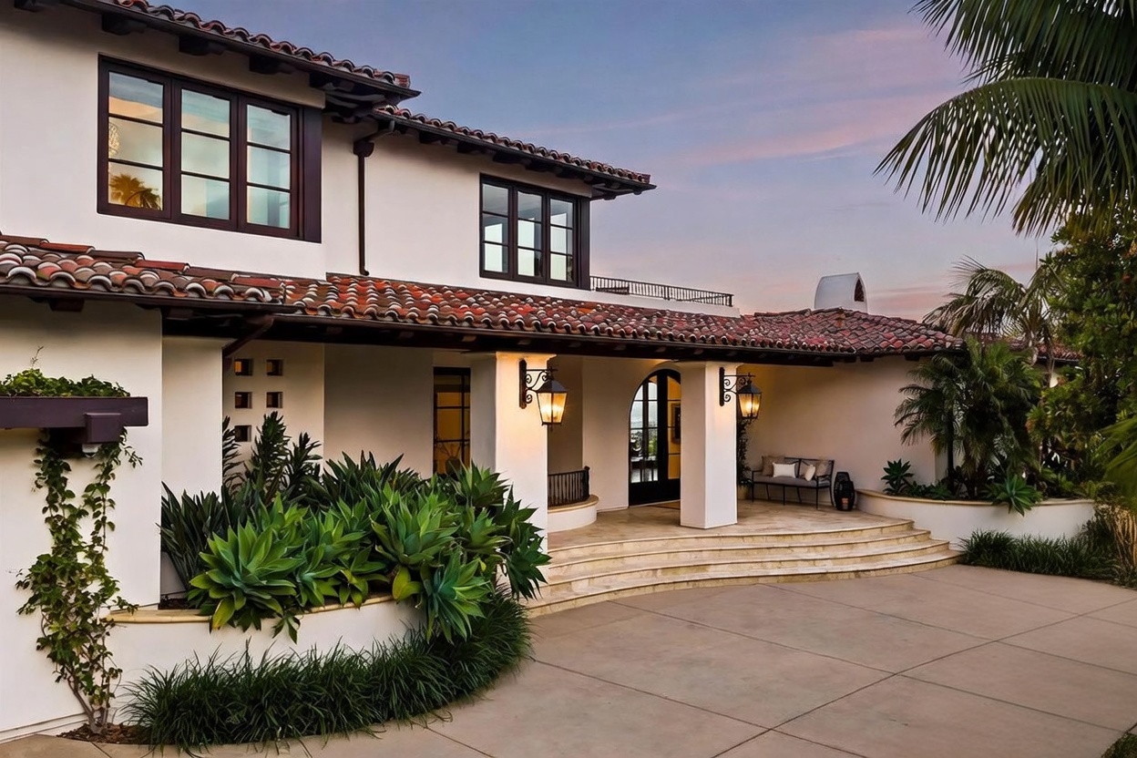 This elegant Mediterranean-style home features a welcoming covered entryway with a curved stone staircase leading to a dark-framed arched front door. The exterior is finished in smooth white stucco with a classic red-tiled roof, complemented by lush landscaping including large agave plants and palm trees. The scene is captured at dusk, with warm light emanating from wall-mounted lanterns, creating an inviting and sophisticated atmosphere.