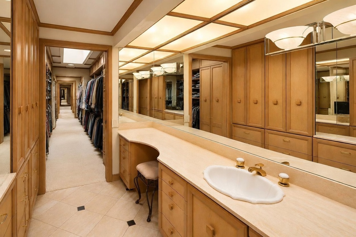 This spacious walk-in closet features extensive light wood cabinetry and a long vanity area with a built-in sink and large mirror. The room is illuminated by a recessed ceiling light panel and includes a long, carpeted aisle lined with hanging clothes. The perspective looks down the length of the closet, highlighting the abundant storage and functional dressing space.