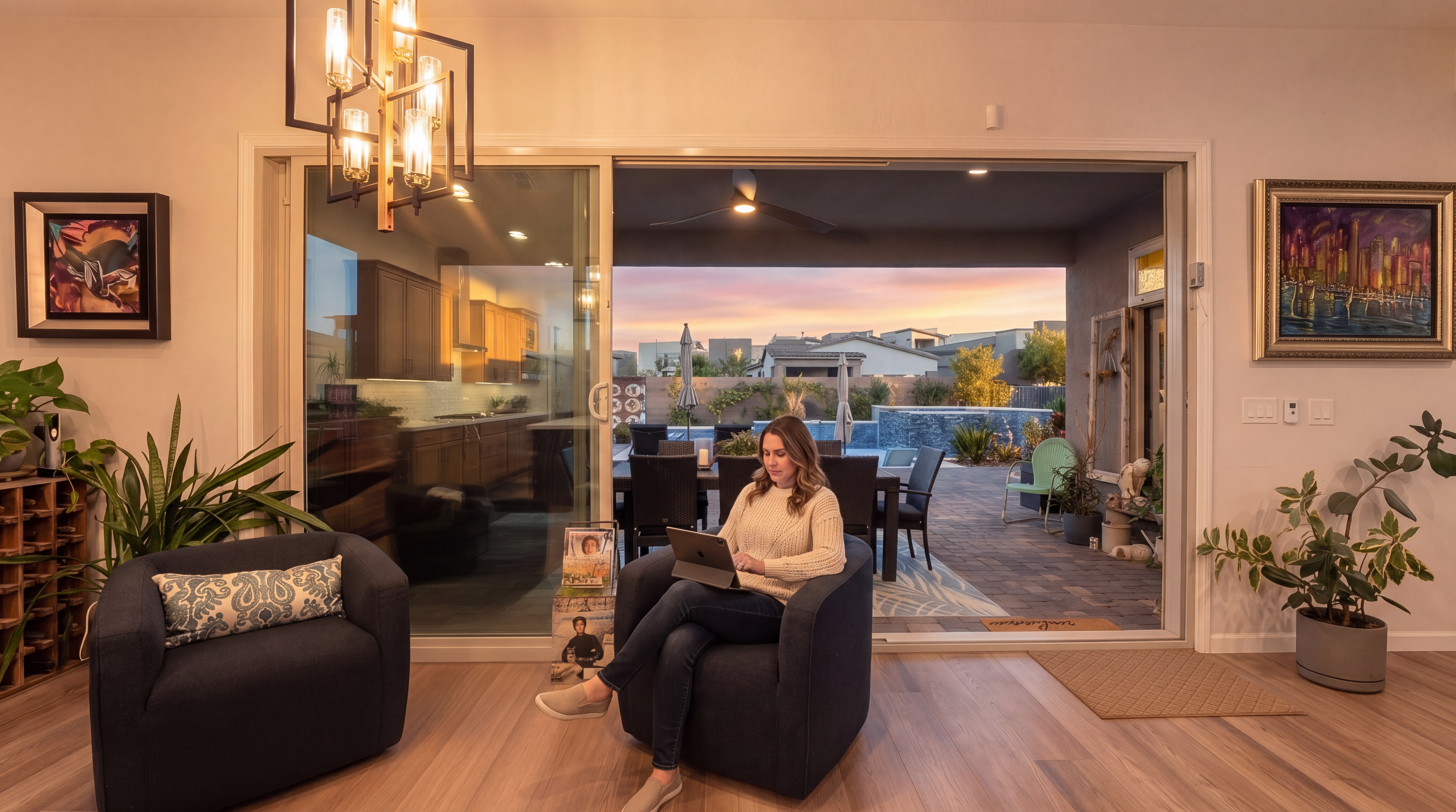 This interior living space features a pair of dark upholstered armchairs arranged around a circular wooden coffee table, set against a backdrop of large sliding glass doors that open to an outdoor patio. The seamless transition between the indoor living area and the exterior dining space creates an expansive, open-concept feel perfect for entertaining. The room is accented by a modern geometric chandelier, framed artwork on the walls, and light-toned wood-look flooring.