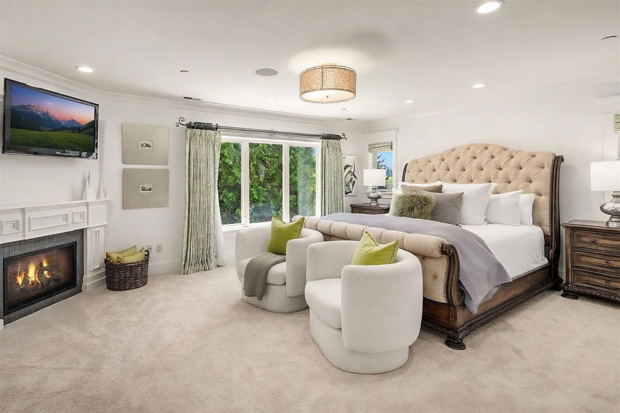 This spacious primary bedroom features a large tufted headboard bed as the centerpiece, flanked by two matching nightstands and lamps. In front of the bed, two plush, rounded armchairs with lime green accent pillows create a cozy seating area, while a fireplace with a television mounted above adds warmth to the room. The space is brightened by large windows dressed in patterned curtains, offering a view of the lush greenery outside.