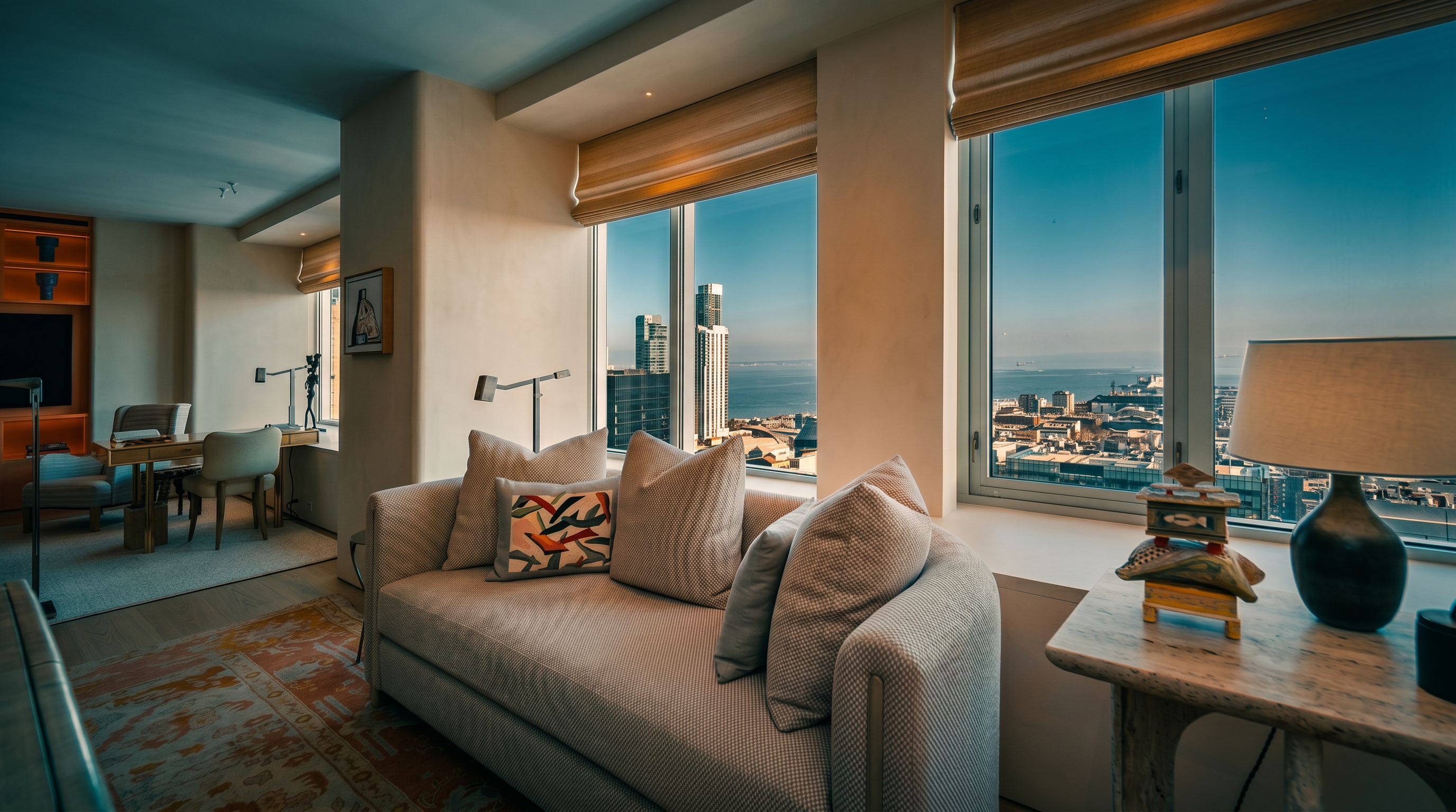 This bright living room features a neutral-toned sofa positioned in front of large windows that offer expansive city and bay views. To the left, a separate office area is visible with a desk and chair, while a small side table with a lamp sits in the foreground. The space is accented by a patterned area rug and light wood flooring, creating a sophisticated and airy atmosphere.