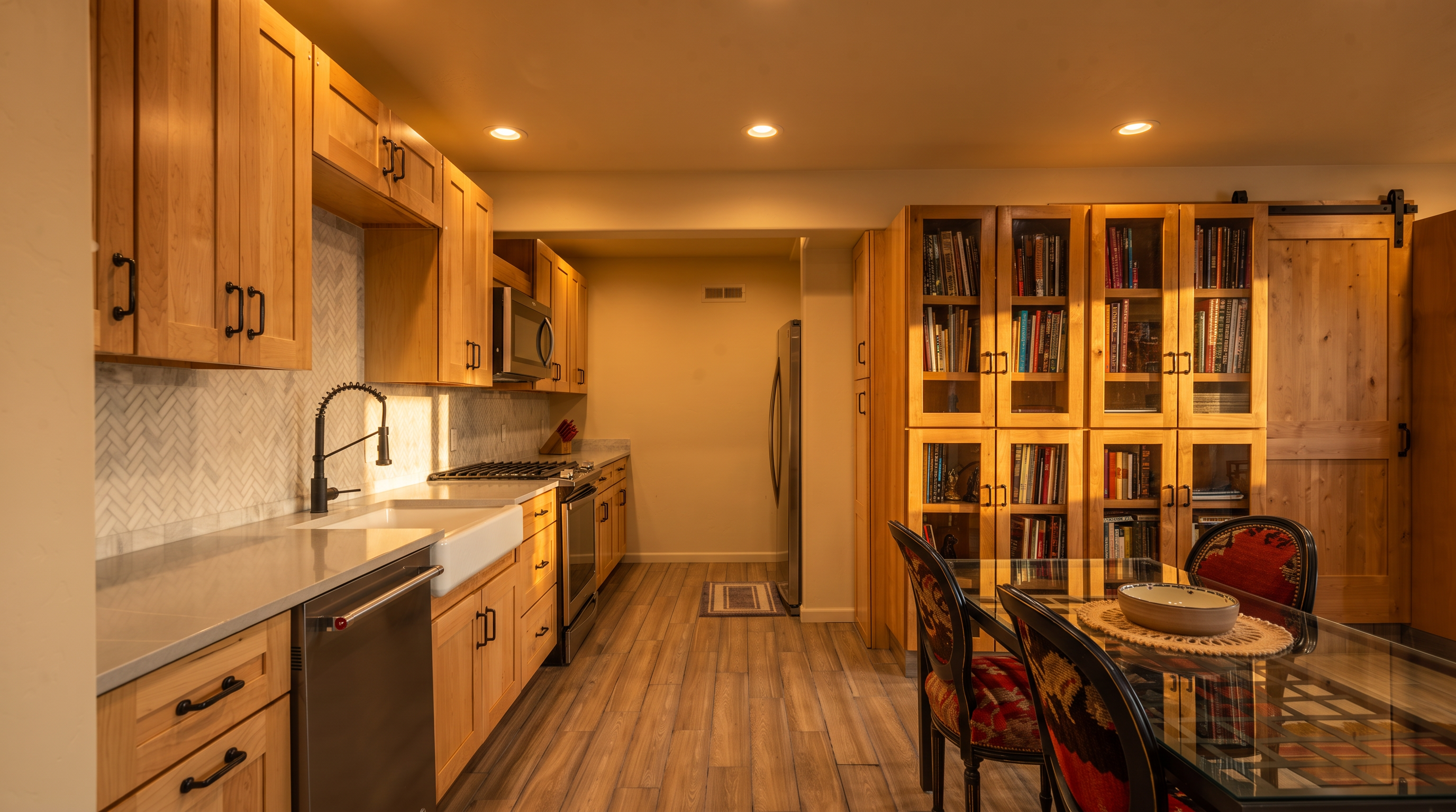 This kitchen features a clean, warm aesthetic with natural wood cabinetry, light gray countertops, and a herringbone-patterned tile backsplash. The layout includes a farm-style sink, stainless steel appliances, and an open transition to a dining area with a glass-topped table and built-in library storage. The space combines functional culinary workspace with an inviting dining environment, enhanced by recessed lighting and high-quality wood-look flooring.