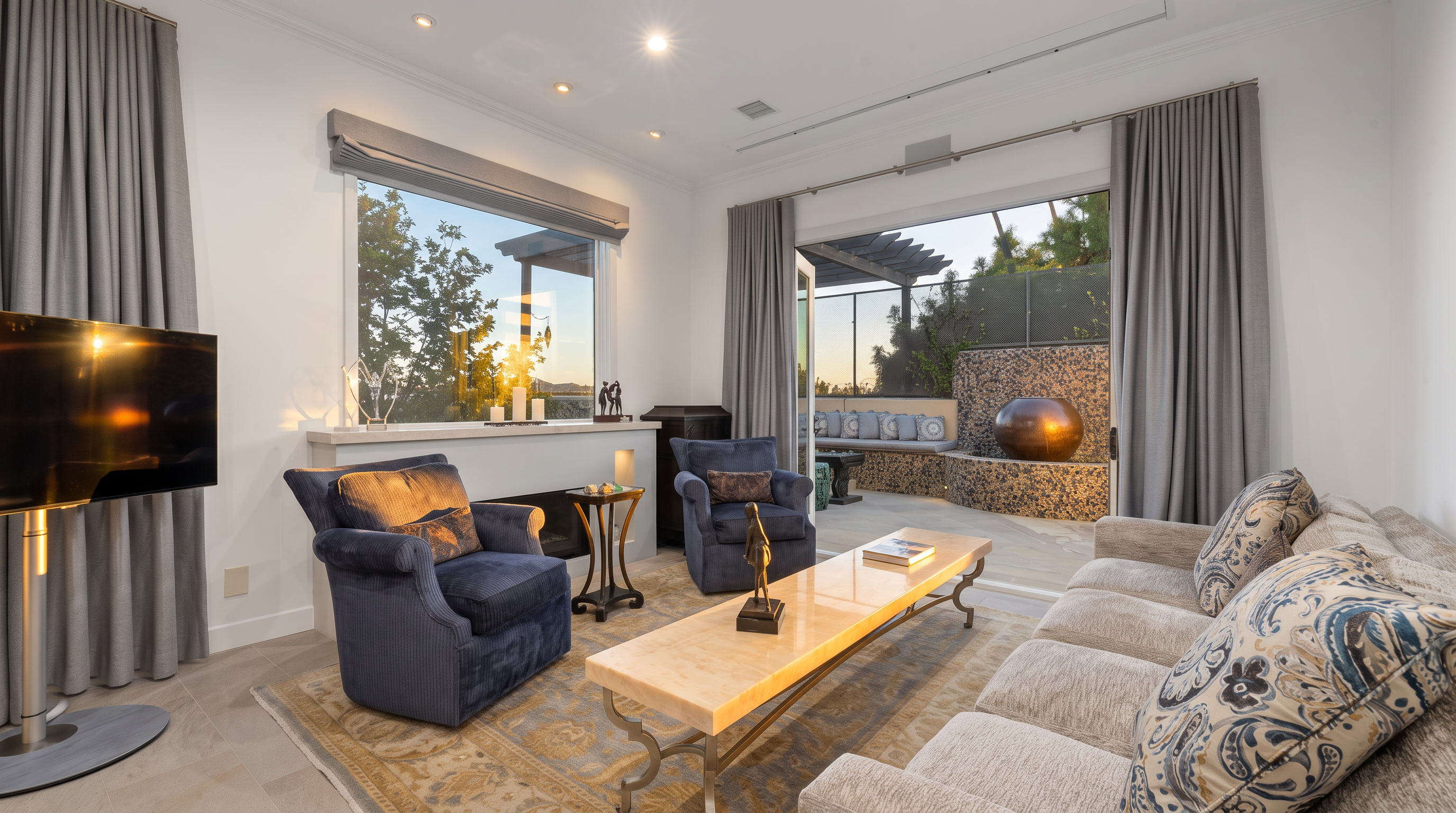This elegant living room features a sophisticated color palette with deep blue armchairs and a neutral-toned sofa accented by patterned throw pillows. A long, light-colored stone coffee table sits atop a textured area rug, while large windows and a wide glass door provide a seamless transition to an outdoor patio area with a water feature. The space is illuminated by recessed lighting and offers a refined, comfortable atmosphere perfect for relaxation.