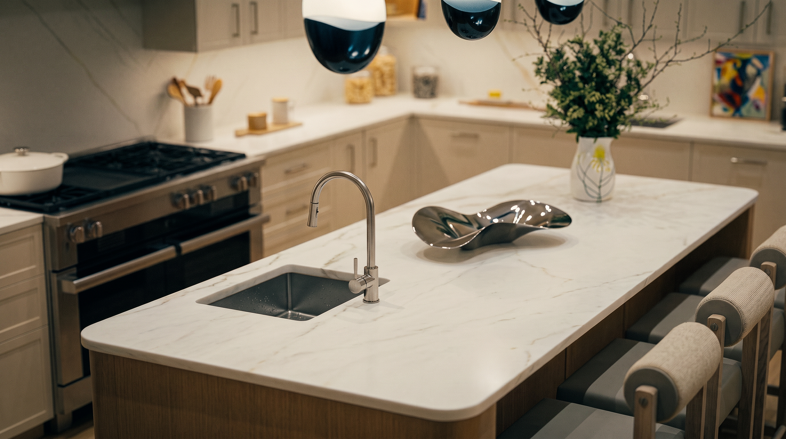 This modern kitchen features a spacious island with a white marble-look quartz countertop, a stainless steel undermount sink, and minimalist faucet. The space is accented by light wood cabinetry, contemporary pendant lighting, and three upholstered bar stools, creating a clean, inviting aesthetic. High-end built-in appliances and neutral color tones contribute to a sophisticated and functional culinary space.