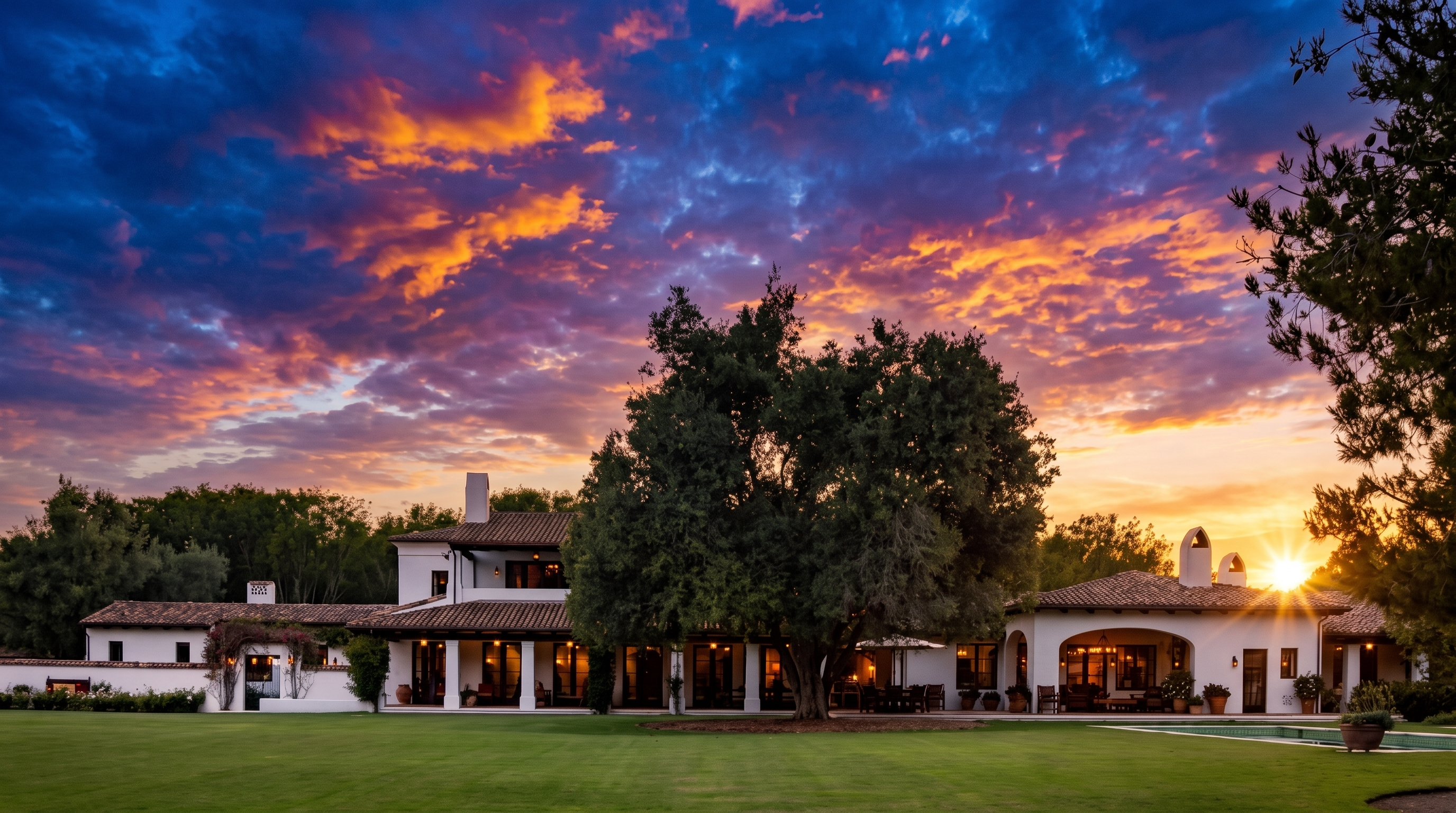 This expansive Mediterranean-style estate is captured from a low-angle perspective across a manicured lawn at dusk. The home features a classic terracotta tile roof, white stucco walls, and a long, covered loggia with arched openings that provide a seamless transition between the interior and the outdoor space. A large, mature tree serves as a central focal point in the foreground, while the soft, warm glow of the setting sun illuminates the sky and the home's architectural details.