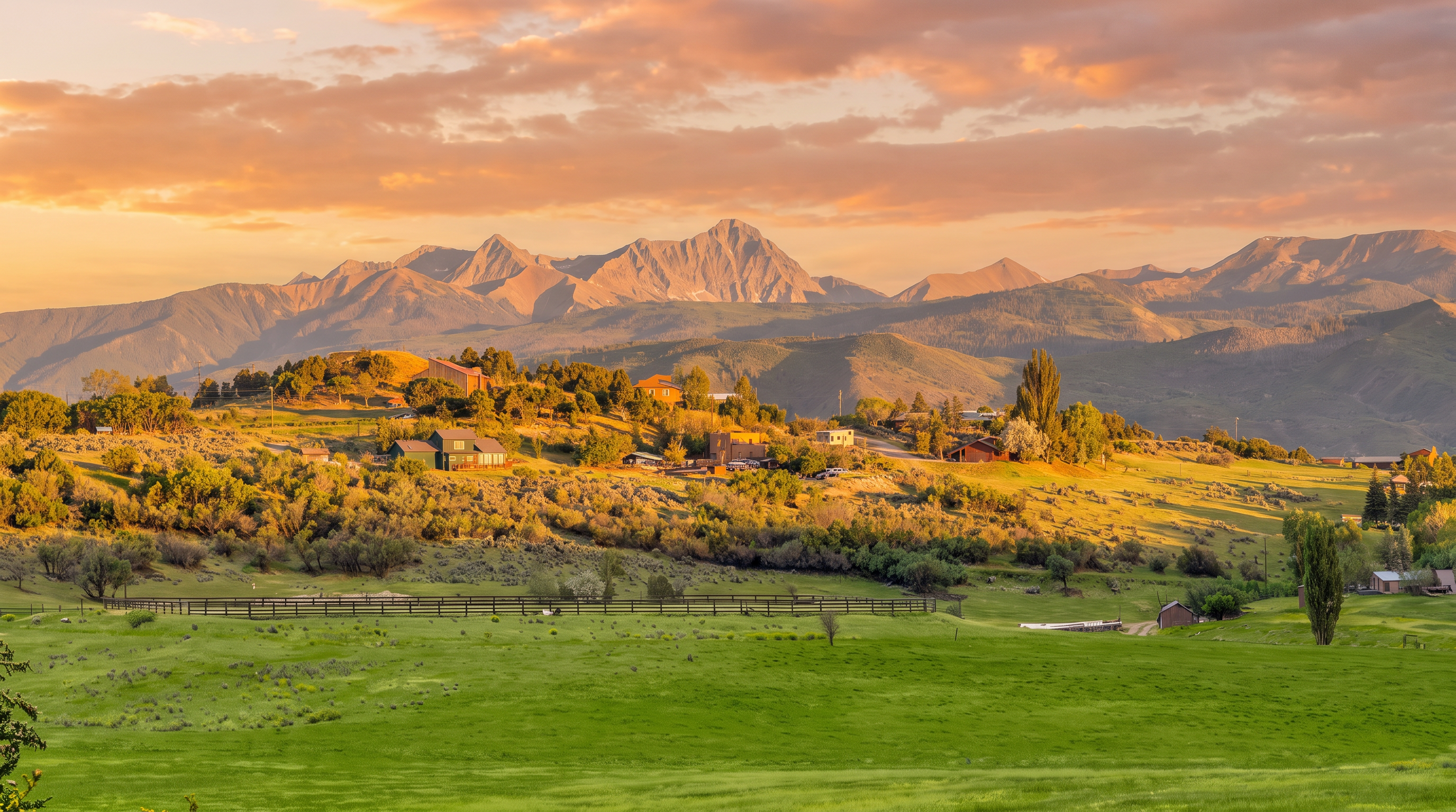 This panoramic shot captures a vast rural landscape featuring a cluster of residential homes set against the backdrop of dramatic, snow-capped mountain peaks. The property highlights rolling dry grassland, native vegetation, and established fencing, offering a serene environment ideal for mountain living. The expansive sky and open space emphasize the peaceful and scenic nature of this remote, high-altitude setting.