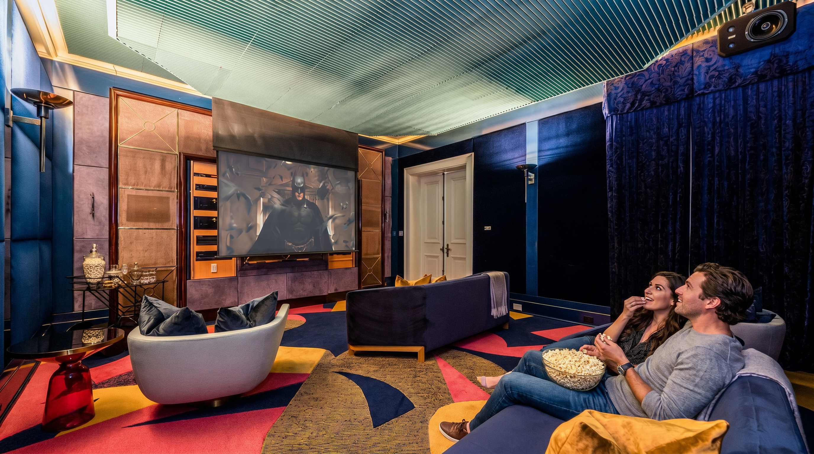 This luxurious home theater features a sophisticated, modern aesthetic with rich blue walls, plush velvet curtains, and a vibrant, geometrically patterned carpet. The space is equipped with a large projection screen displaying a movie, high-end seating for occupants, and elegant gold-accented wall panels and lighting fixtures. The overall impression is one of opulence and high-end entertainment, perfect for a private cinema experience.
