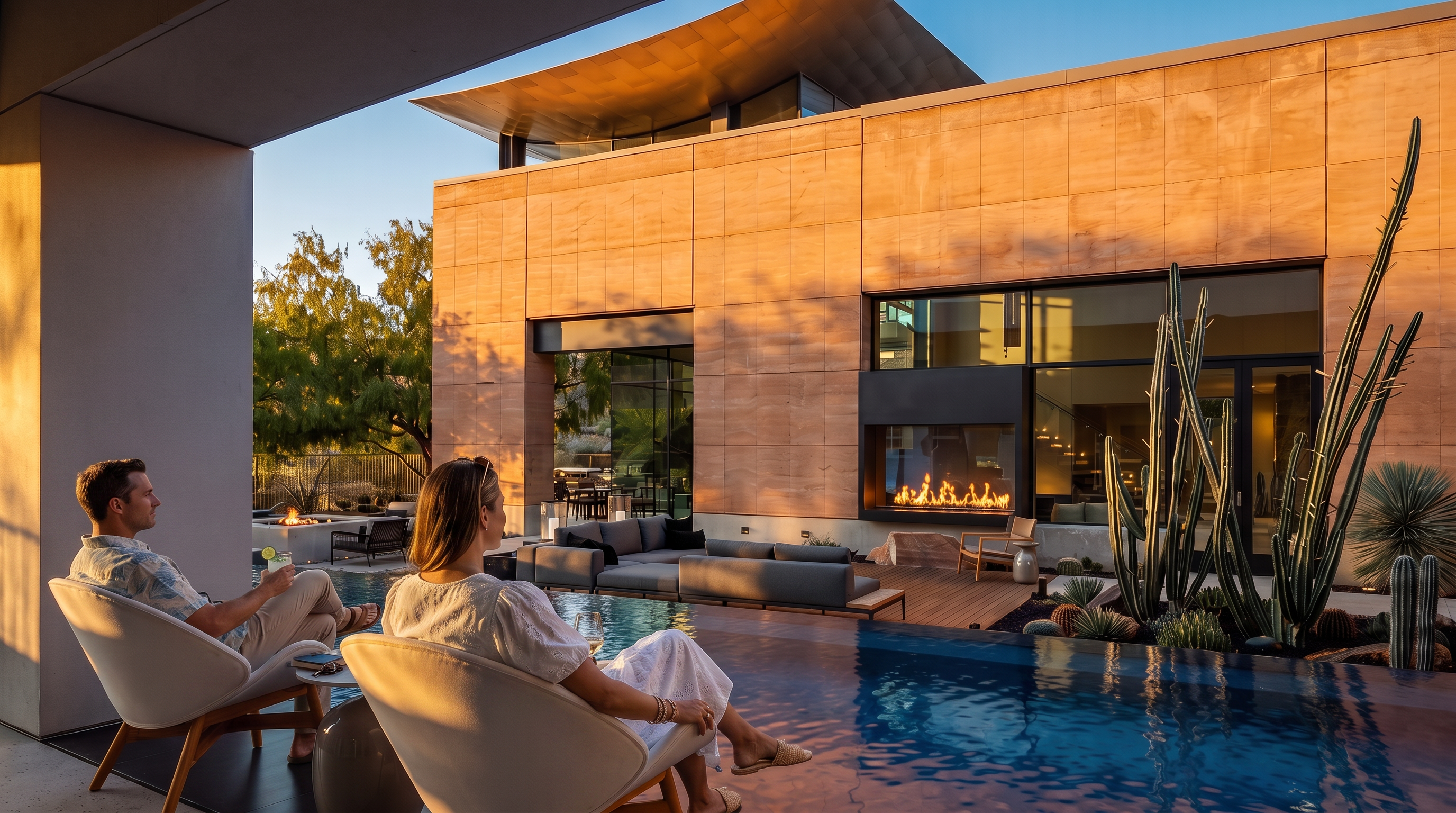 This luxurious outdoor living space features a vibrant blue infinity-edge pool in the foreground, complemented by two modern white lounge chairs. The adjacent patio area includes a comfortable seating arrangement with a fire feature, set against a striking, warm-toned stone-clad wall with large windows looking into the home. The scene is captured at dusk, with ambient lighting highlighting the architectural lines and desert landscaping, creating a sophisticated and serene atmosphere.