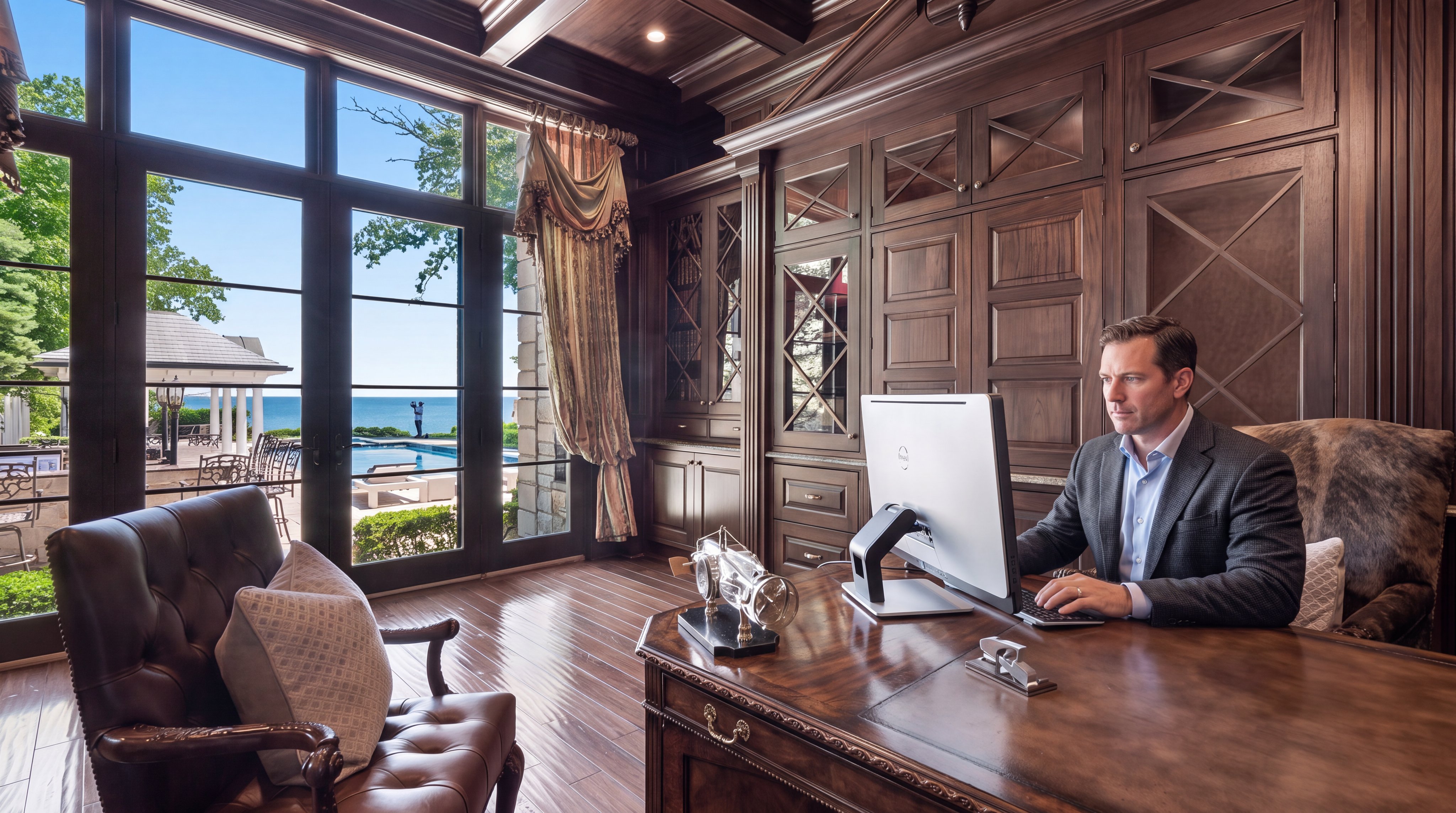 This sophisticated home office features rich, dark wood paneling and built-in cabinetry that creates a professional and stately atmosphere. A large, polished wood desk sits in the foreground, while floor-to-ceiling windows provide a stunning, unobstructed view of the outdoor pool and the lake beyond. The room is accented by a leather armchair and coffered ceilings, offering a luxurious and tranquil workspace.