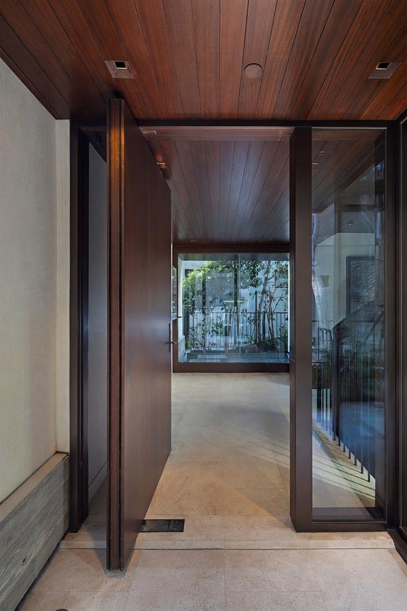 This sophisticated entryway features a large, pivoting wooden door that opens into a bright, modern foyer. The space is defined by a warm wood-paneled ceiling and light-toned stone flooring, creating a seamless transition between the exterior and interior. A large glass panel beside the door provides a clear view of the lush greenery outside, enhancing the home's connection to nature.