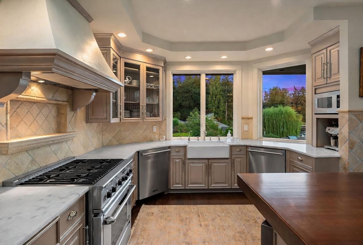 This elegant kitchen features a neutral color palette with light-toned cabinetry and stone countertops. A large farmhouse sink is positioned beneath a set of windows that provide a view of the outdoors, while a professional-grade stainless steel range and matching appliances complete the space. The perspective captures the functional layout, highlighting the ample counter space and the warm, inviting atmosphere created by the recessed lighting.