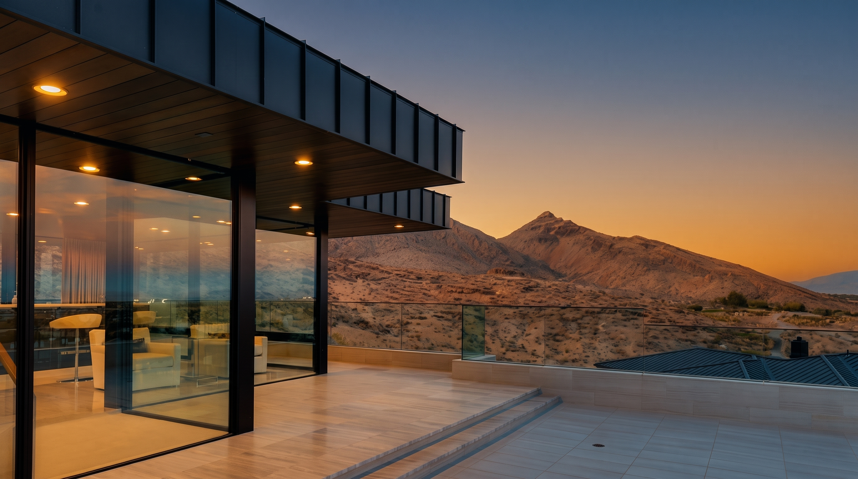 This modern outdoor balcony features expansive floor-to-ceiling glass walls that seamlessly connect the interior living space to the exterior. The deck is finished with light-toned tile and protected by a sleek glass railing, offering an unobstructed, panoramic view of the rugged desert mountains at sunset. The architectural design emphasizes clean lines and a sophisticated indoor-outdoor lifestyle.