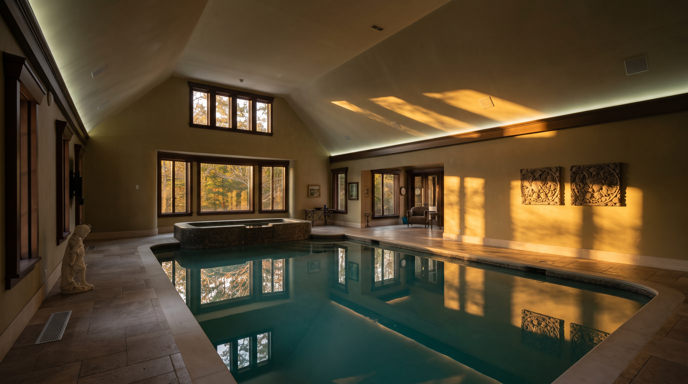 This indoor pool room features a large, rectangular swimming pool with an integrated raised spa, surrounded by light-colored stone tile flooring. The space is defined by a high, vaulted ceiling with recessed lighting and a wall of windows that allow natural light to fill the room. Decorative wall art and a classic statue add a touch of elegance to this serene, climate-controlled aquatic retreat.