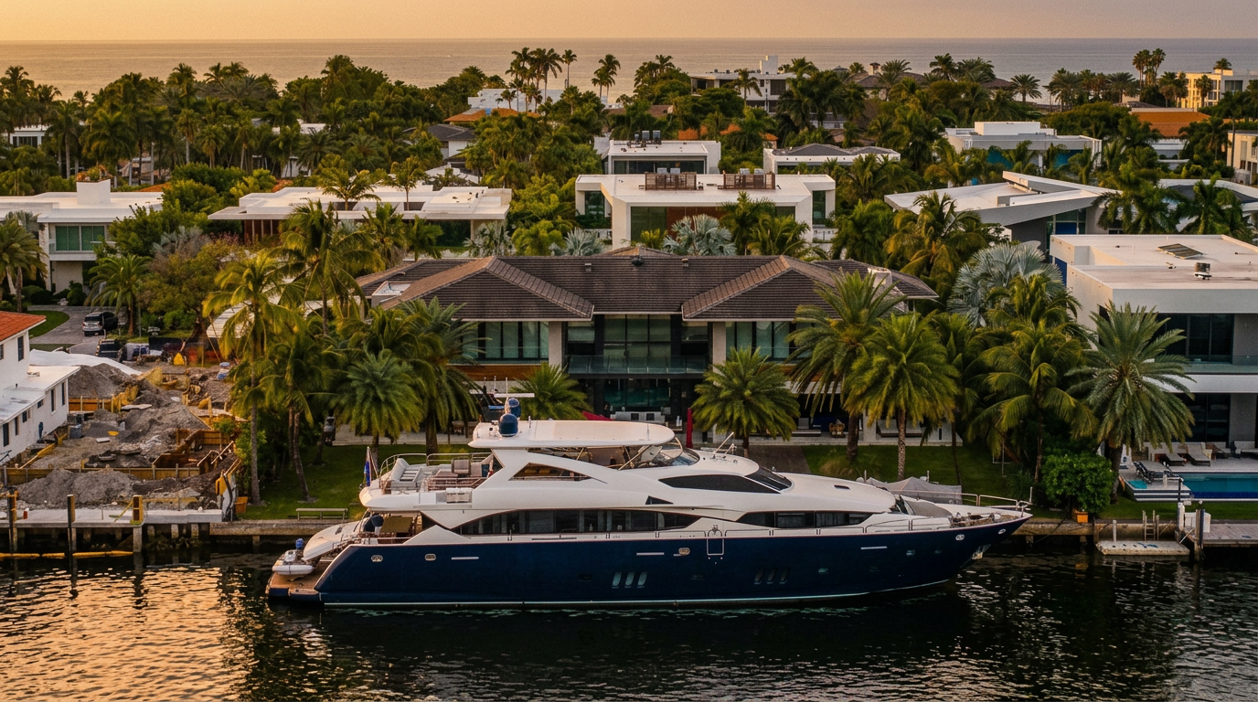 This aerial perspective captures a luxurious waterfront estate featuring a large, multi-story residence with a dark-tiled roof and expansive glass windows. A substantial, deep-blue yacht is docked directly in front of the property, emphasizing the prime canal-front location. The lush, tropical landscaping and surrounding modern homes create an upscale, resort-like atmosphere.