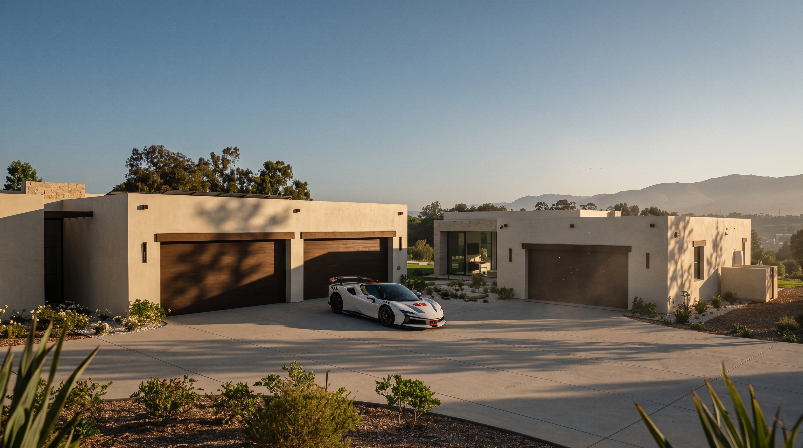 This modern, single-story residence features a sprawling, minimalist architectural design with smooth, light-toned stucco walls and dark wood garage doors. A high-performance sports car is parked prominently on the expansive concrete driveway, which serves as the focal point of the front courtyard. The property is set against a clear blue sky, emphasizing its clean lines, contemporary aesthetic, and generous outdoor space.