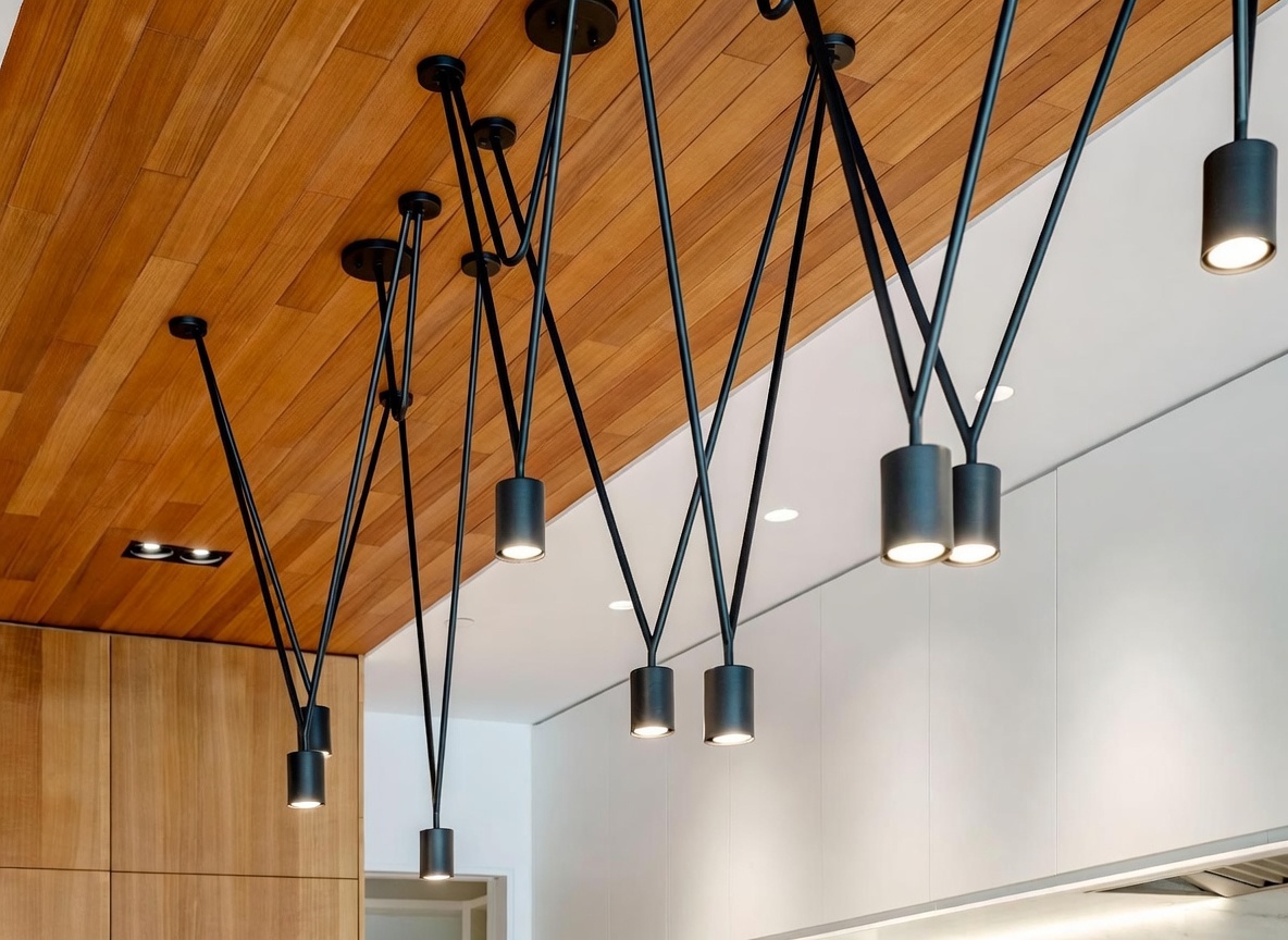 This image highlights a striking, modern lighting installation featuring multiple cylindrical pendant lights suspended from a warm-toned wood-paneled ceiling. The fixtures are arranged in a geometric, interconnected pattern with black cables creating sharp, angular lines against the ceiling and the adjacent white wall. The perspective is angled upward, emphasizing the architectural complexity and contemporary design of the lighting system.