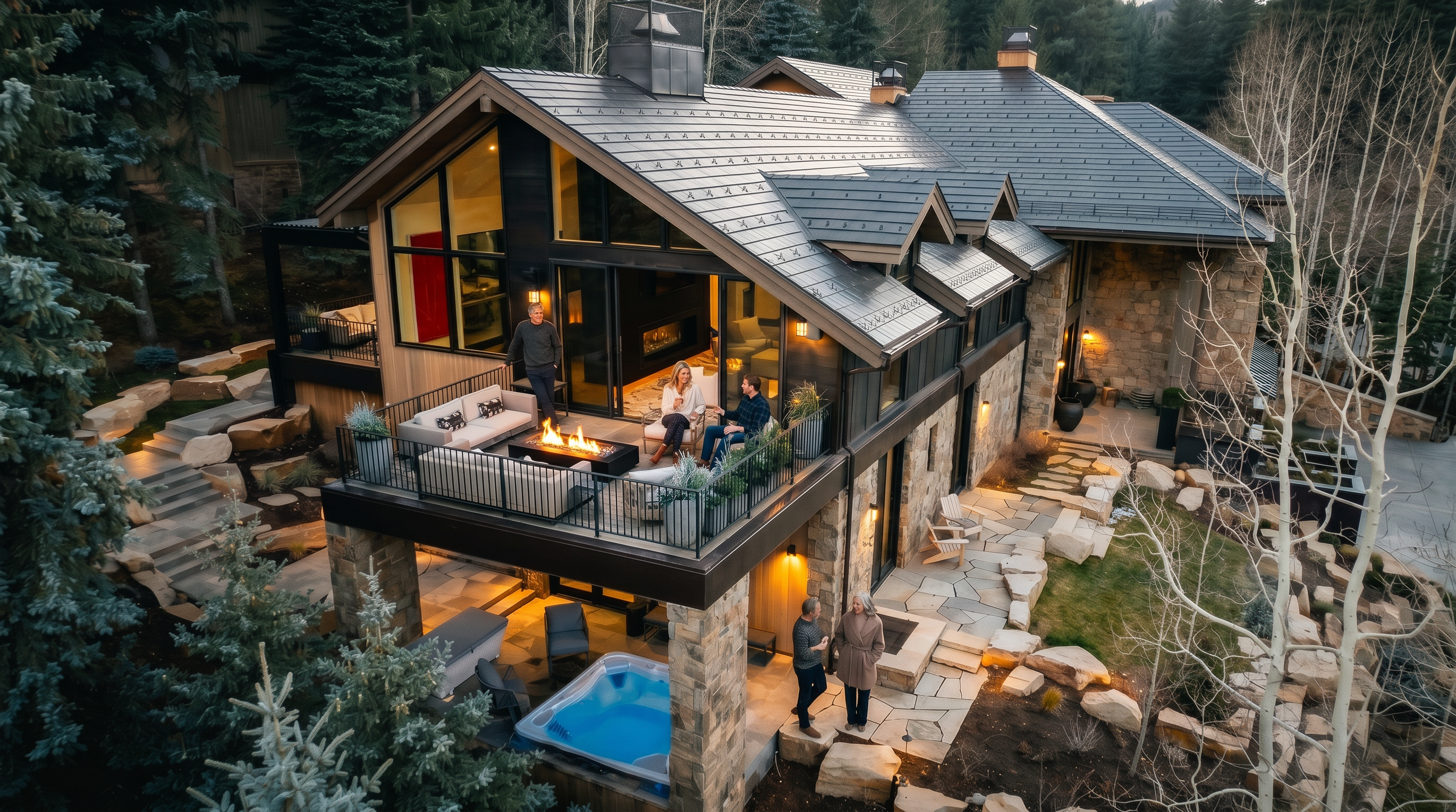 This high-angle aerial view captures a luxurious mountain residence nestled within a dense forest of evergreen and aspen trees. The home features a sophisticated blend of stone and wood siding, a dark metal roof, and an expansive elevated deck equipped with a fire pit and comfortable seating. Below the deck, a private hot tub is tucked into a stone-walled alcove, while stone pathways wind through the landscaped grounds, creating a seamless connection between the architecture and the natural environment.
