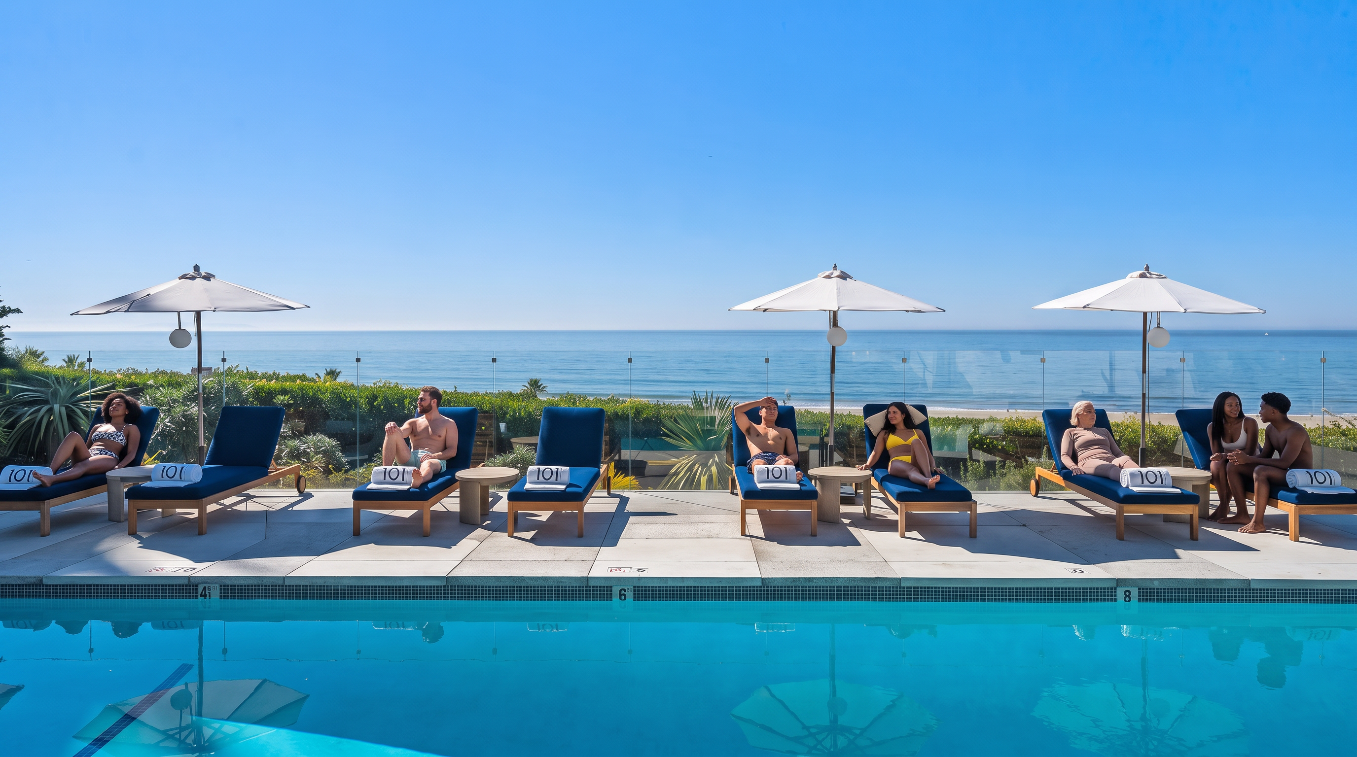 This stunning pool deck overlooks the ocean, offering a luxurious outdoor leisure space for guests with blue loungers and white umbrellas. The area features a clean, contemporary design with a reflective pool, glass railings, and expansive horizon views that enhance the premium atmosphere. It serves as a high-end community amenity, perfectly capturing a serene and upscale coastal lifestyle.