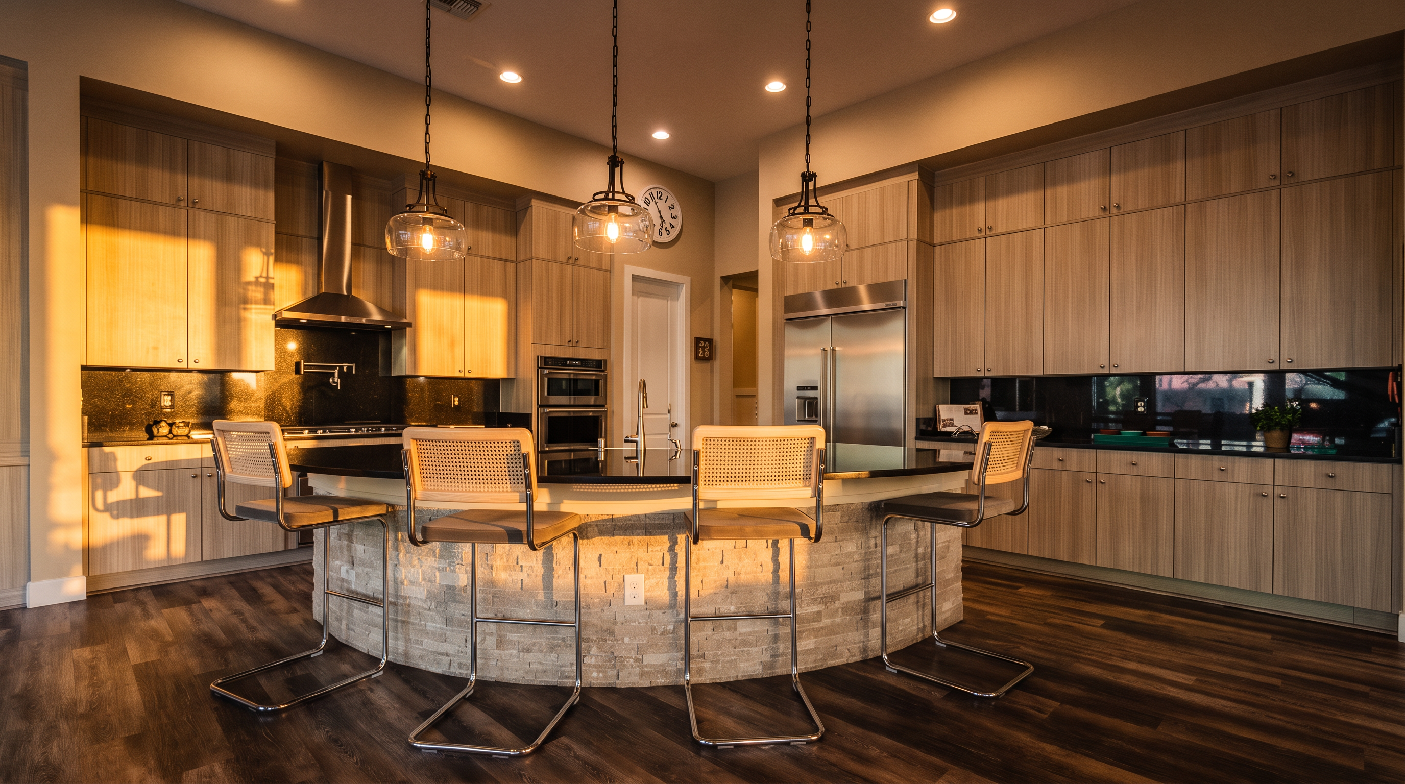 This spacious, modern kitchen features light-wood cabinetry contrasted by dark granite countertops and a striking, curved island with a stone base. Four contemporary bar stools provide ample seating around the island, while three pendant lights hang above to create a bright, inviting atmosphere. The space is equipped with stainless steel appliances and offers a cohesive, high-end design suitable for both cooking and entertaining.