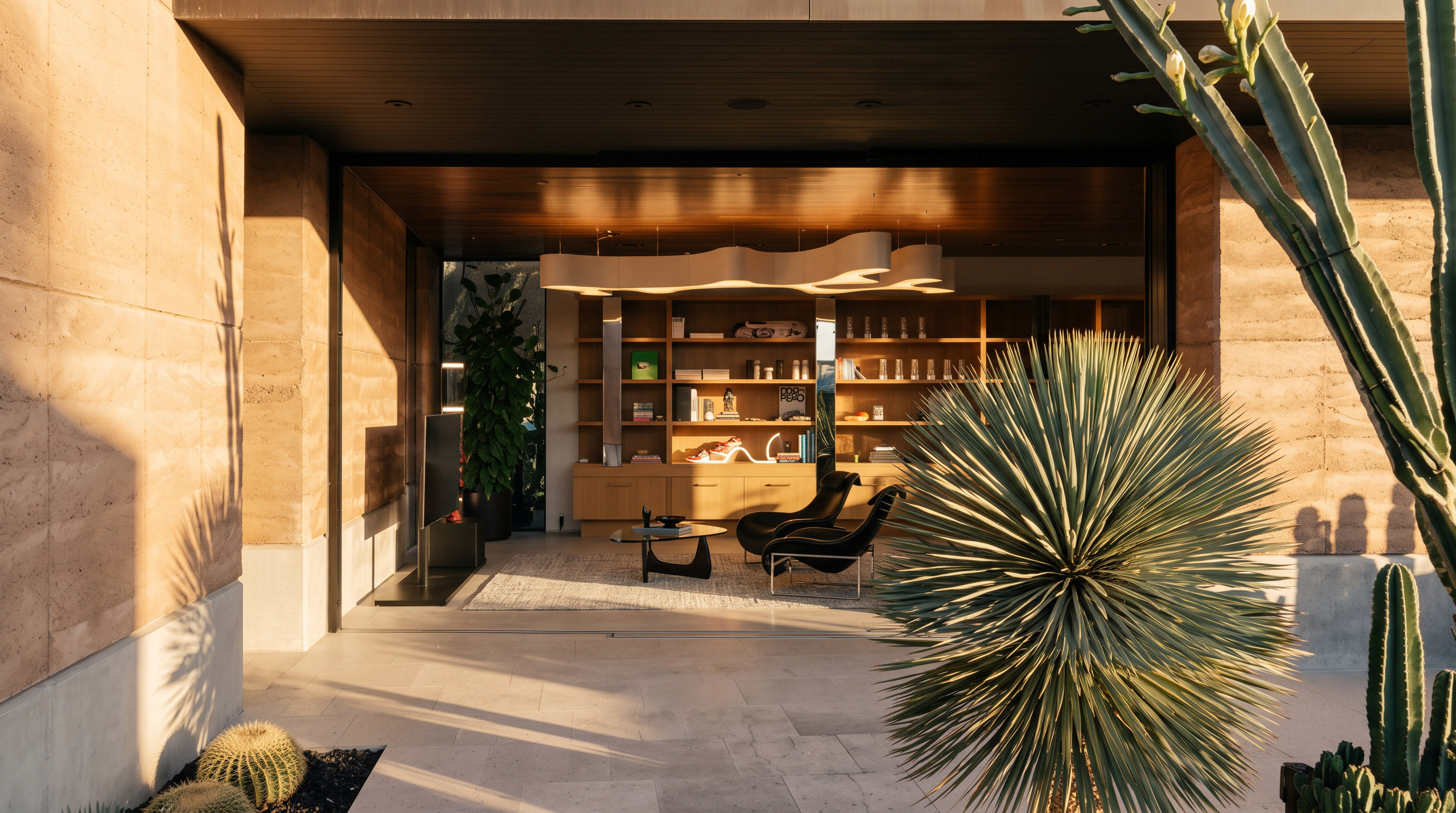 This perspective captures a seamless transition between a covered outdoor patio and an interior living space, framed by a large, open glass wall. The interior features light wood shelving, modern lounge chairs, and a unique sculptural light fixture, while the exterior foreground showcases a large, spiky desert plant and stone-tiled flooring. The overall aesthetic is sophisticated and contemporary, emphasizing an indoor-outdoor lifestyle.