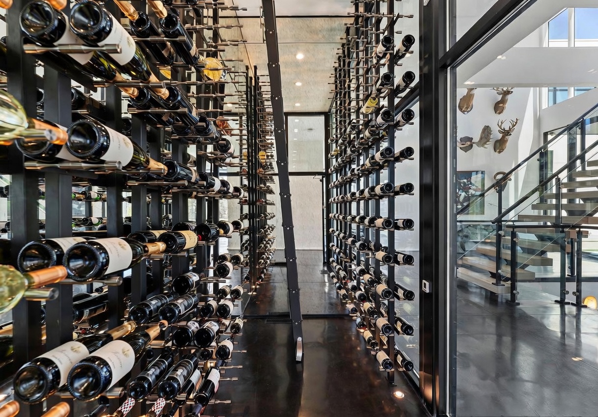 This sophisticated, climate-controlled wine cellar features extensive metal racking systems that display bottles horizontally along both sides of a narrow, dark-toned corridor. A rolling library-style ladder is positioned centrally to provide access to the higher storage tiers, while the glass-enclosed space offers a glimpse into an adjacent staircase area adorned with mounted animal trophies. The sleek, modern aesthetic is emphasized by the dark flooring and minimalist structural design, creating a high-end, gallery-like atmosphere for wine storage.
