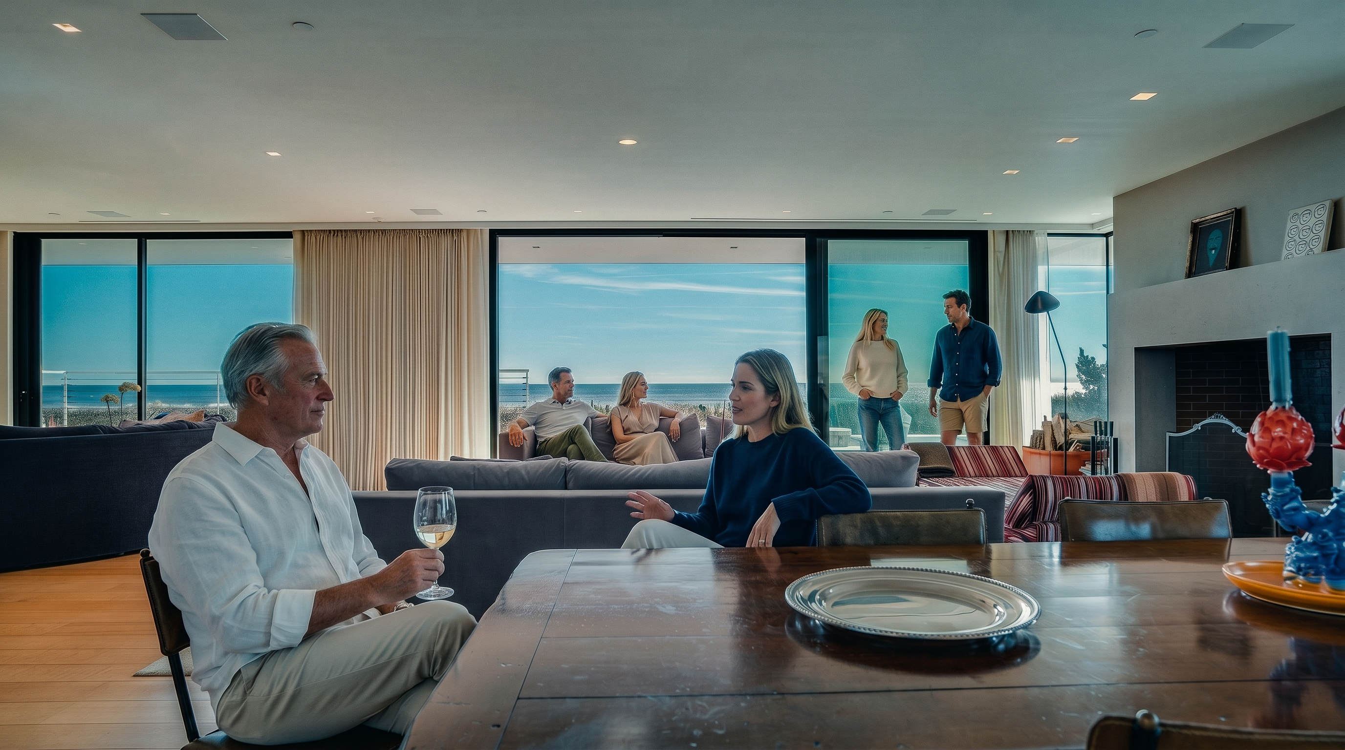 This spacious, open-concept living area features a large, plush sectional sofa facing expansive floor-to-ceiling glass sliding doors that reveal a panoramic ocean view. To the right, a brick fireplace with a tall surround adds a classic touch, while the foreground showcases a wooden dining table. The room is bathed in natural light, creating an airy and serene atmosphere perfect for coastal living.