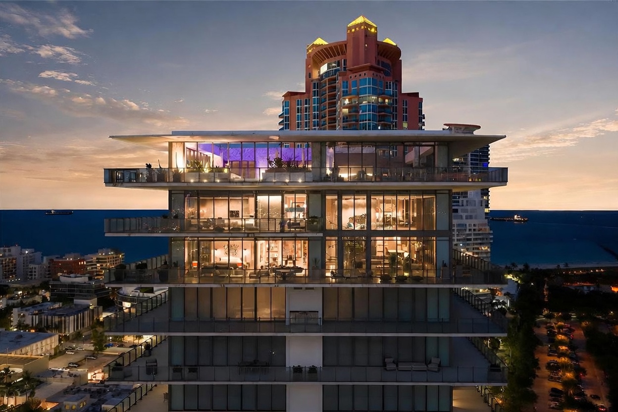 This cinematic aerial view captures a high-rise luxury residential building at dusk, showcasing multiple levels of expansive, illuminated balconies. The architecture features modern, clean lines with extensive glass walls that provide a transparent look into the interior living spaces. The composition highlights the building's prominent position against a twilight sky, with the ocean and surrounding urban landscape visible in the background.