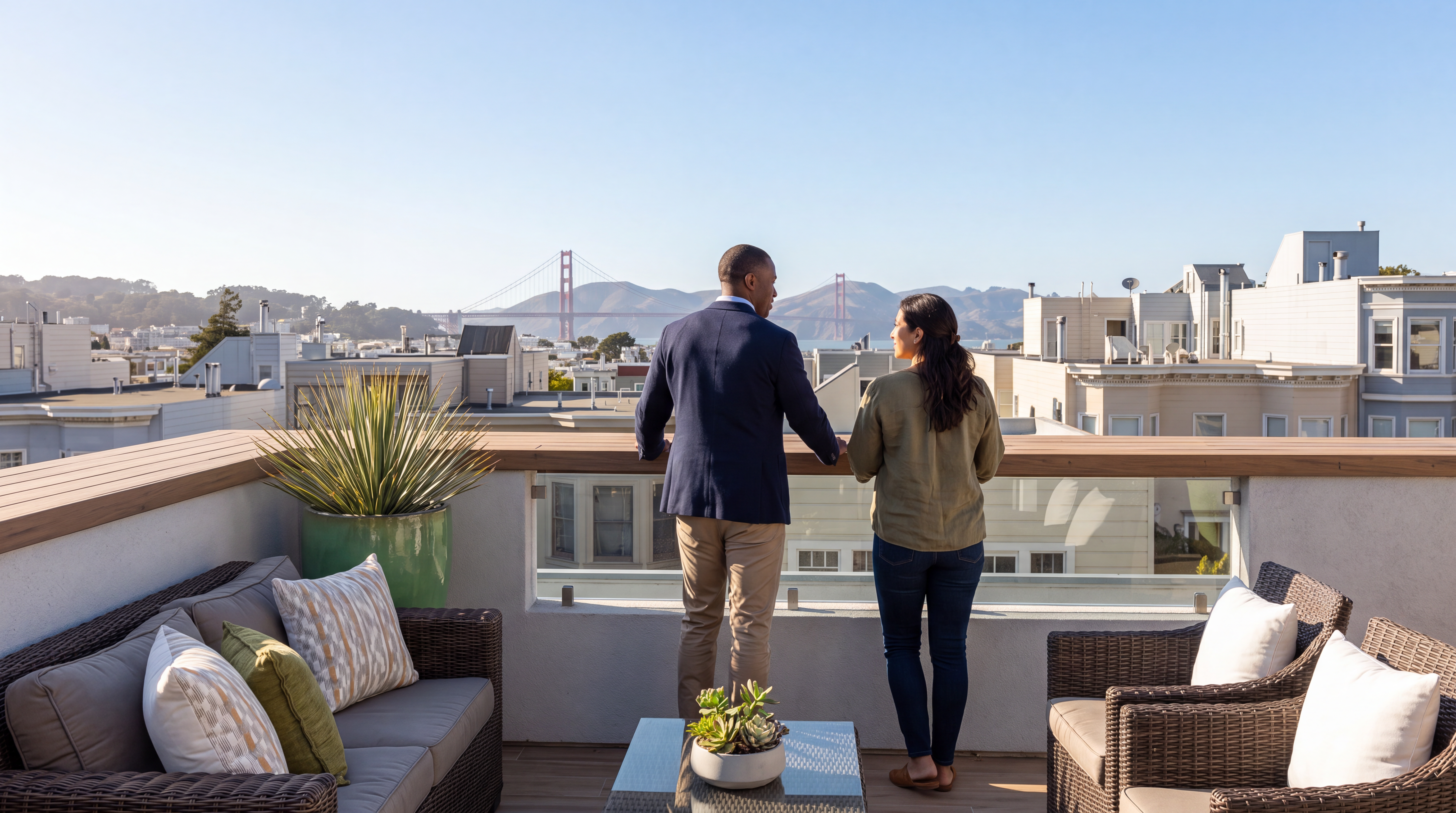 A stunning rooftop terrace featuring comfortable outdoor lounge furniture, a potted succulent centerpiece, and a sleek glass railing. The space offers an expansive, iconic view of the Golden Gate Bridge over the cityscape, creating a beautiful and sought-after entertaining area. It presents a sophisticated urban lifestyle perfect for enjoying scenic views and outdoor relaxation.