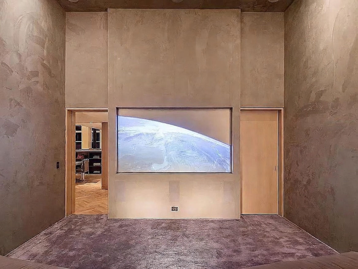 This interior space features a minimalist design with textured, neutral-toned walls and a plush, dark-toned carpet. A large, rectangular screen is recessed into the central wall, displaying a view of Earth from space, flanked by a doorway on the left leading to an adjacent room and a solid door on the right. The room offers a clean, modern aesthetic with a focus on a cinematic media experience.