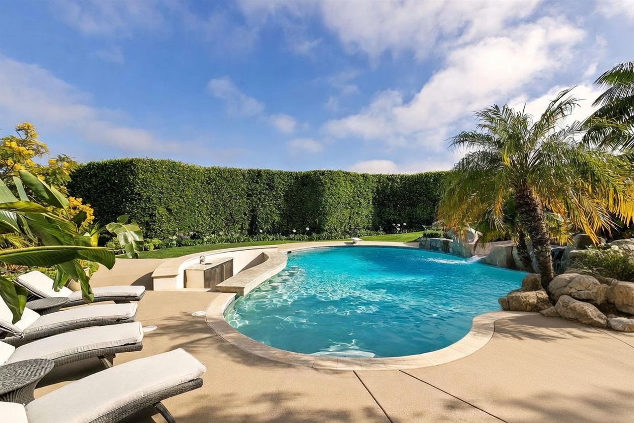 This inviting backyard features a curved swimming pool with a built-in swim-up bar and a rock-accented waterfall feature. A row of lounge chairs sits on the concrete deck, while a tall, manicured hedge provides privacy along the perimeter. The scene is framed by a palm tree and stone steps, creating a resort-like atmosphere perfect for outdoor entertaining.