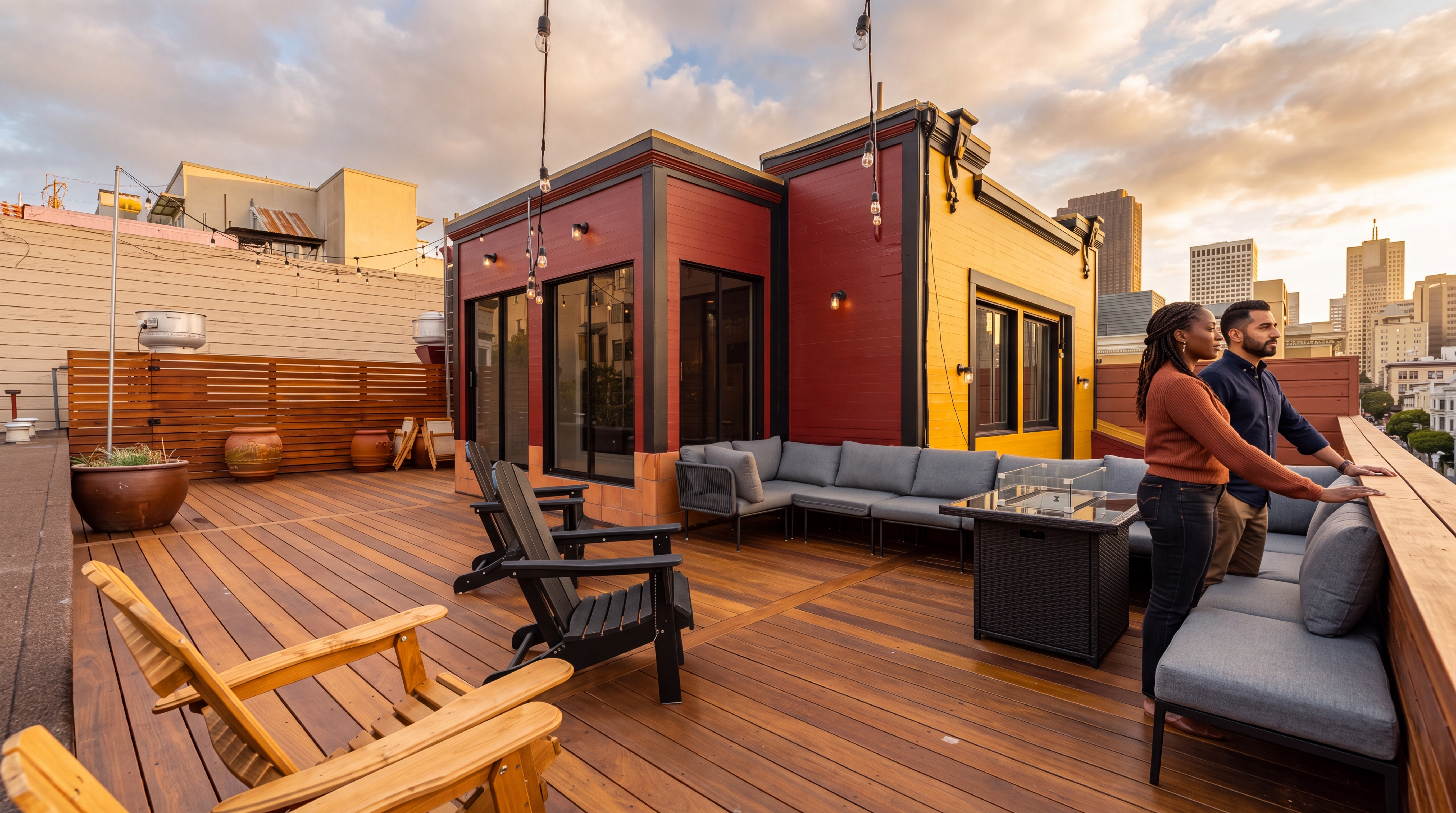 This modern rooftop deck features high-quality wood decking and vibrant, color-blocked exterior walls in red and yellow. The space is well-furnished with an outdoor sectional, a fire table, and comfortable Adirondack chairs, making it an ideal setting for entertaining. With panoramic city views and string lights creating a cozy atmosphere, this outdoor area offers a sophisticated urban retreat.