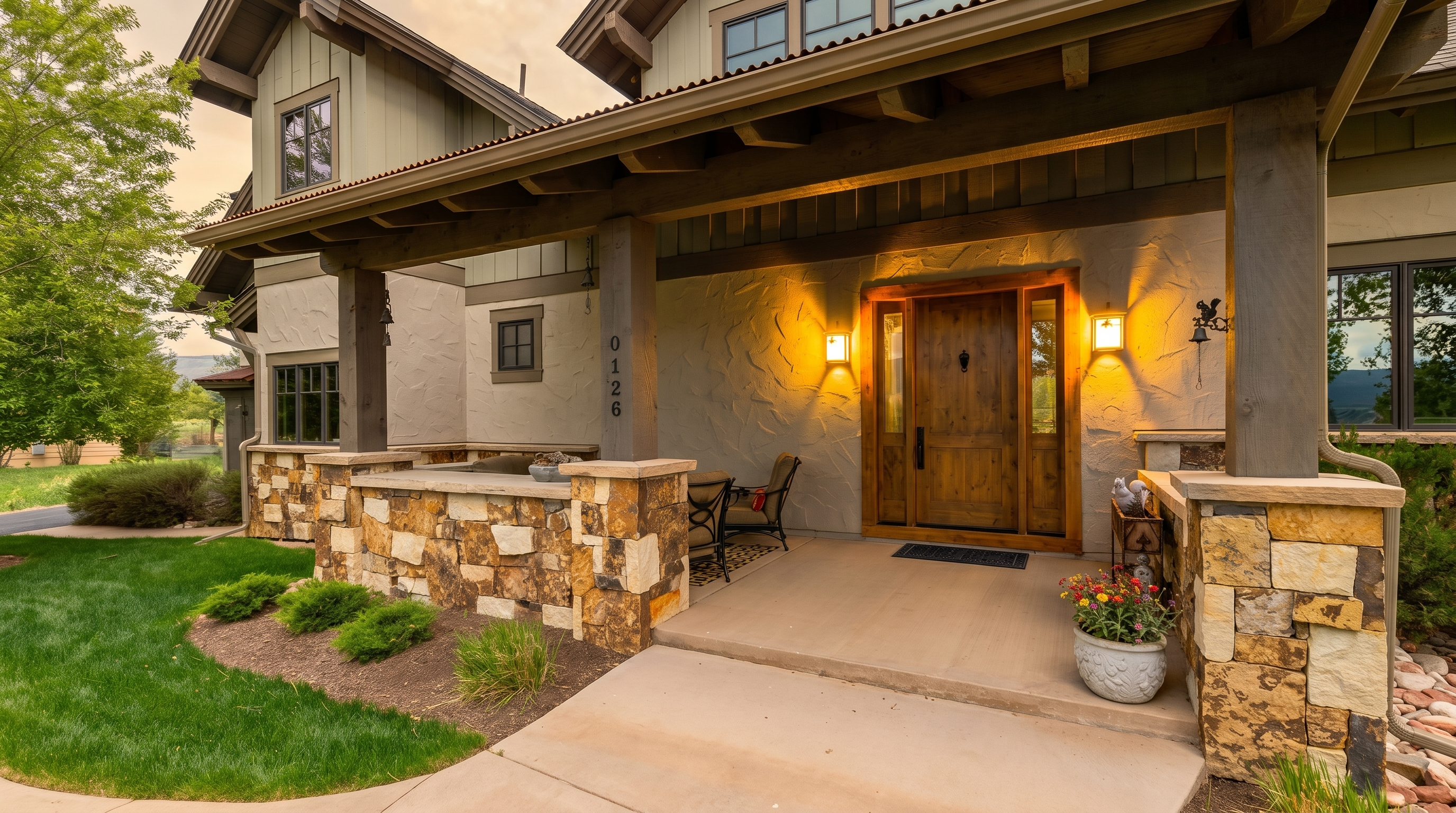 This inviting front entryway features a rustic, wood-paneled front door flanked by sidelights and illuminated by warm wall-mounted sconces. The covered porch is constructed with heavy timber beams and a stone-clad base, creating a mountain-inspired aesthetic that blends seamlessly with the surrounding landscape. A concrete walkway leads up to the entrance, which is accented by a potted floral arrangement and a small seating area.