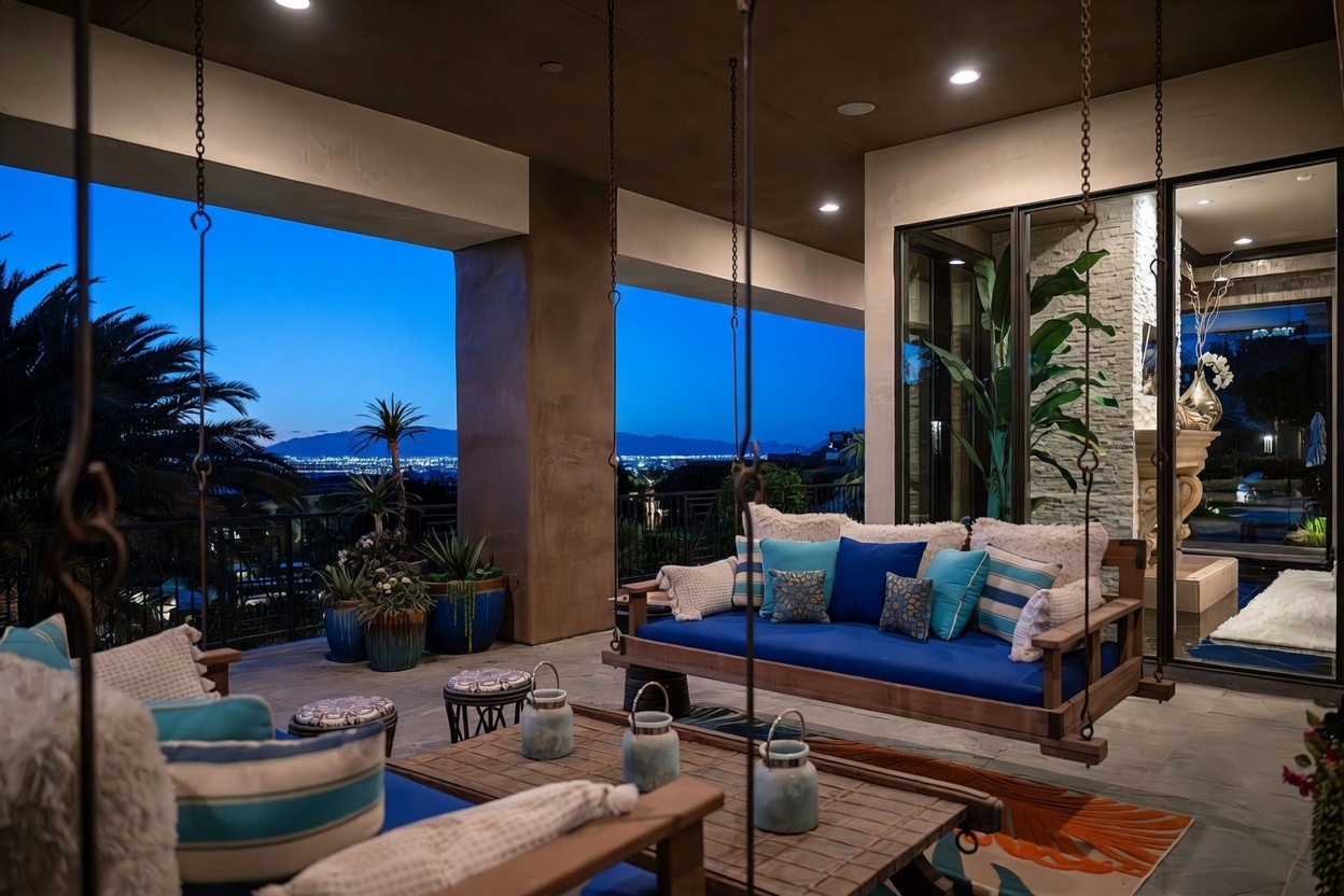 This luxurious covered patio offers a sophisticated outdoor living space with hanging daybeds and a panoramic view of a city skyline at twilight. The area features stone flooring, recessed lighting, and a stone-clad wall, creating a seamless transition between indoor comfort and the scenic exterior. The perspective captures the inviting seating arrangement in the foreground, emphasizing the tranquil atmosphere and high-end design.
