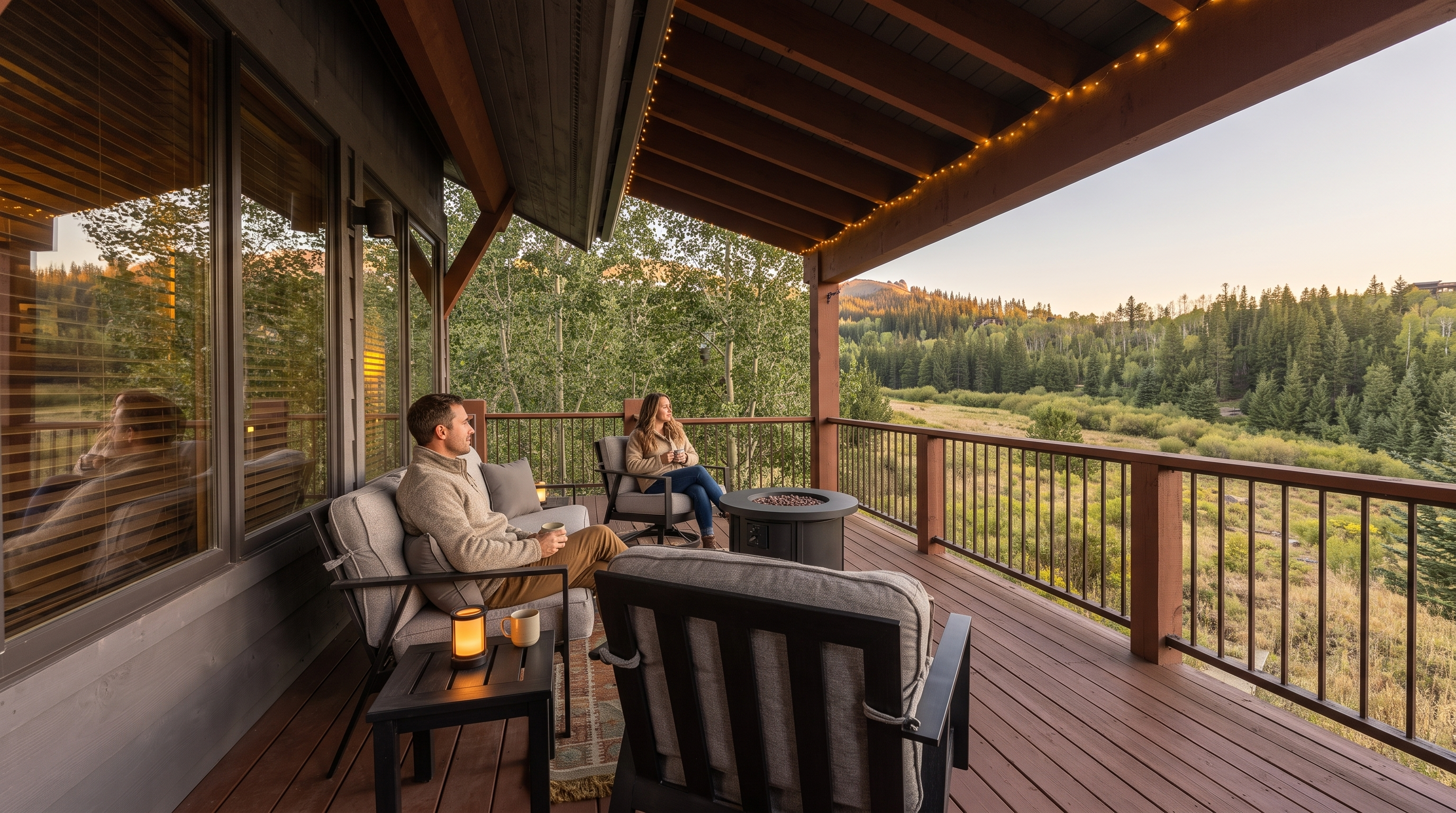 This spacious, covered outdoor deck features high-quality furniture, including a sofa and comfortable armchairs, arranged around a central fire pit. The space offers stunning, elevated views of a serene forest and valley, perfect for relaxation or entertaining. The overall aesthetic is rustic yet modern, highlighting a luxurious mountain lifestyle.