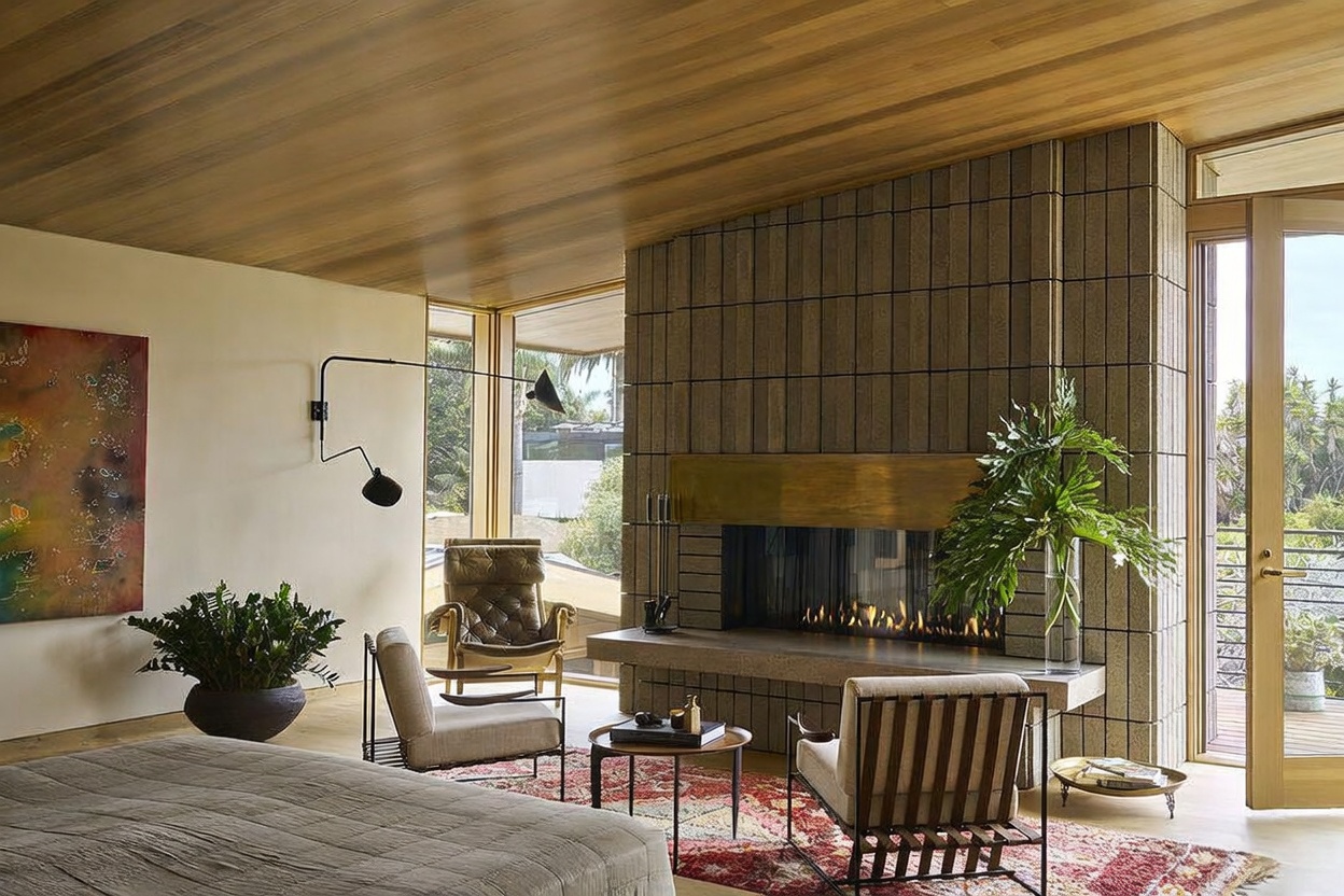 This sophisticated primary bedroom features a prominent stone-clad chimney breast that serves as a focal point, complemented by a sleek brass mantel and a built-in hearth. The room is furnished with a mix of mid-century modern seating, a patterned area rug, and a large piece of abstract art, all set against a warm wood-paneled ceiling. Large windows provide an expansive view of the lush greenery outside, creating a serene and luxurious atmosphere.