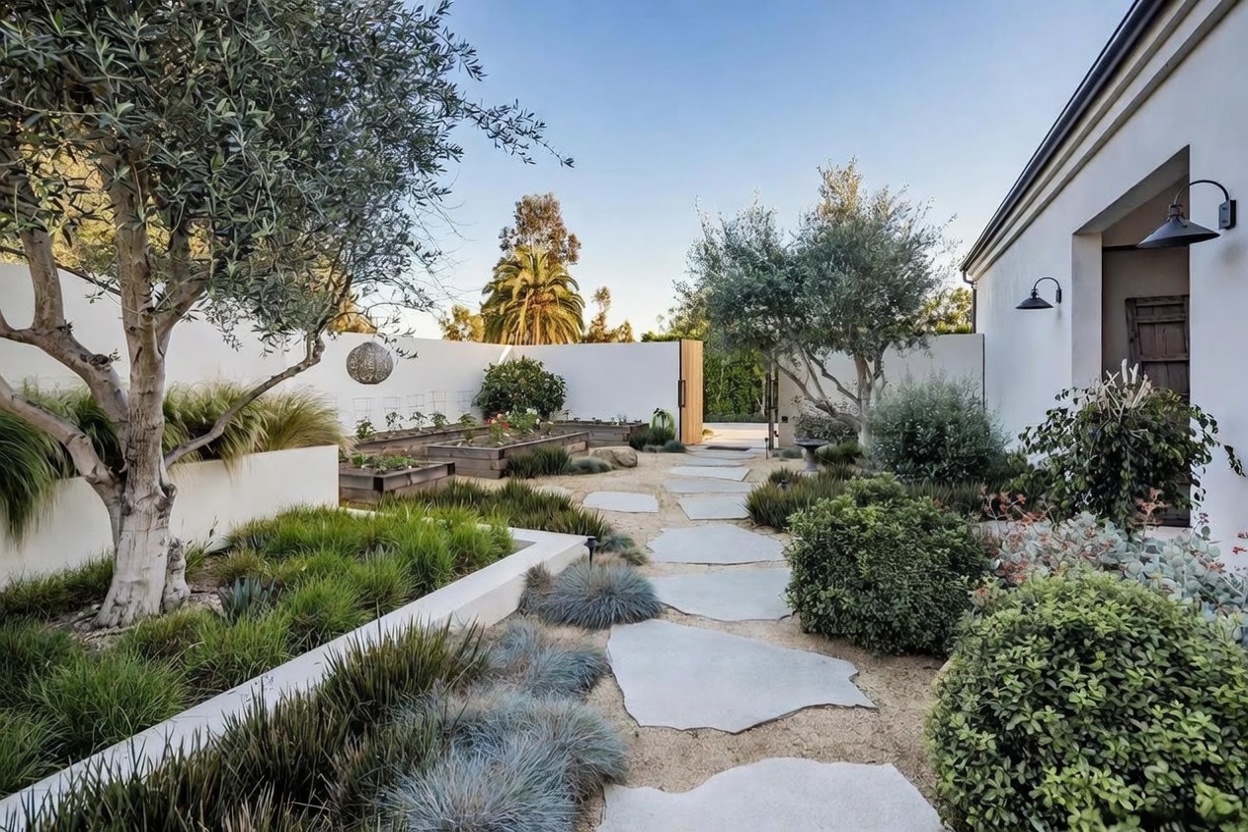 This serene, Mediterranean-inspired courtyard garden features a winding path of large, irregular stone pavers set into light-colored gravel. The space is framed by crisp white walls, raised wooden garden beds, and mature olive trees, creating a tranquil and private atmosphere. The perspective is a ground-level view looking toward a wooden gate, highlighting the manicured landscaping and the clean, architectural lines of the home's exterior.