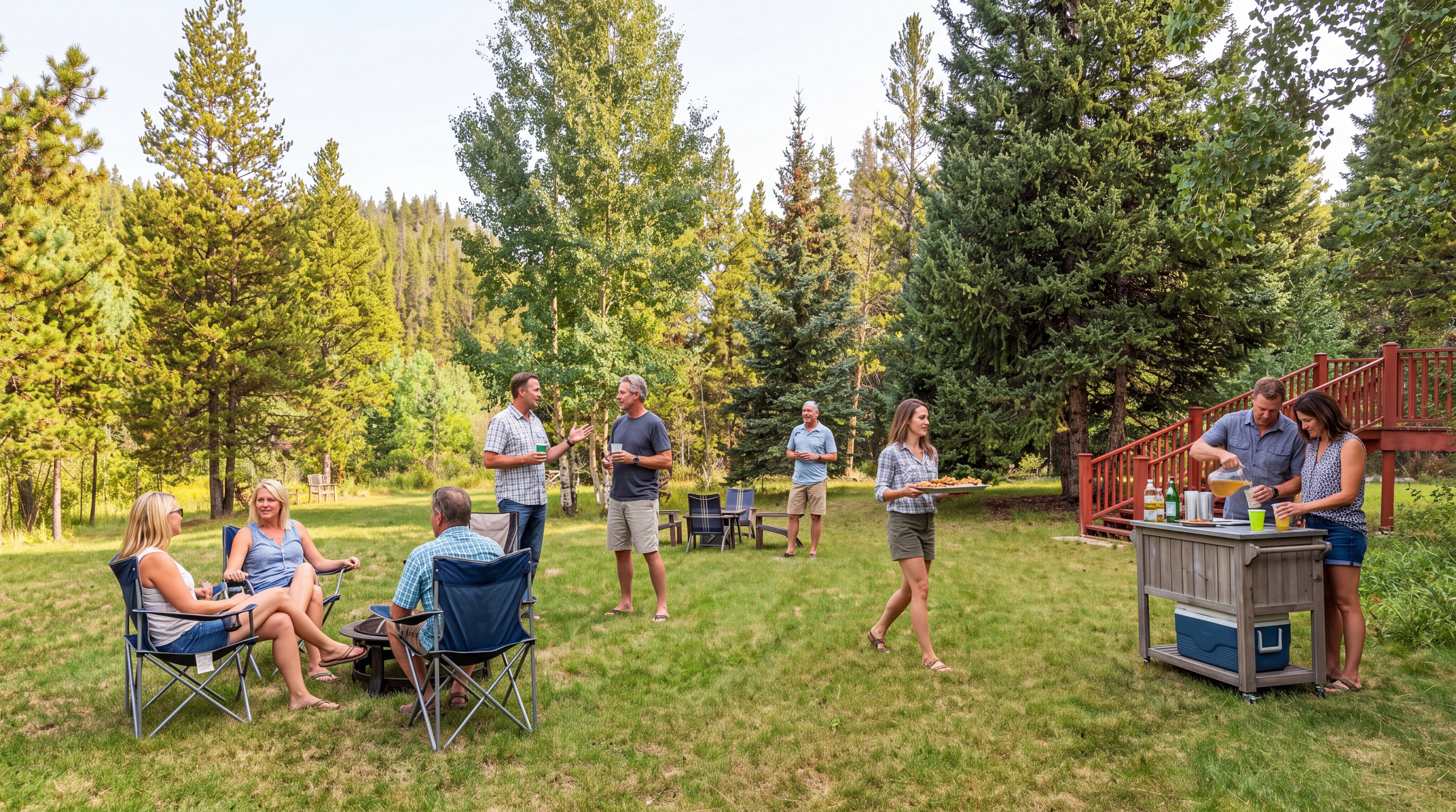 This spacious, well-maintained grassy backyard features a relaxed, social atmosphere with a group of people gathered around a fire pit and a serving station. The setting is framed by a backdrop of mature, dense evergreen and deciduous forest, providing natural privacy and a scenic, wooded environment. A tiered wooden deck with railing is visible in the background, enhancing the outdoor living appeal of the property.