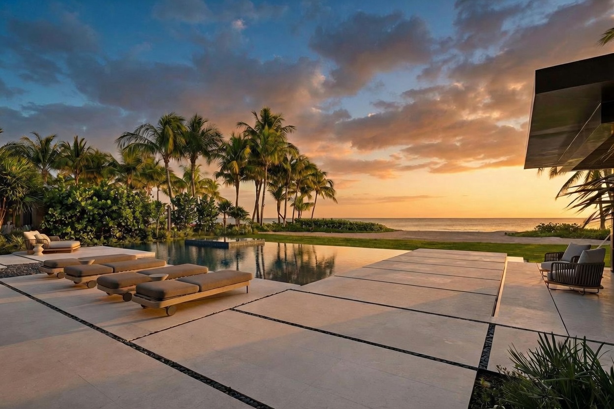 This stunning rear exterior view captures a luxurious infinity-edge pool overlooking a serene beach at sunset. The expansive stone patio features modern lounge chairs and a minimalist design, seamlessly blending the indoor-outdoor living space with the natural coastal landscape. Tall palm trees frame the horizon, creating a tranquil and sophisticated atmosphere perfect for high-end relaxation.