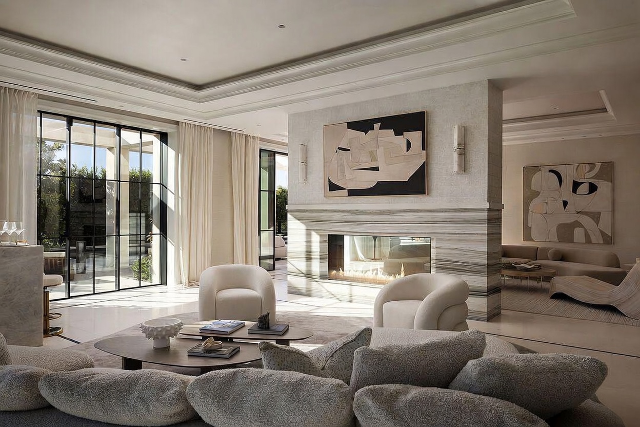 This sophisticated living room features a central stone-clad chimney breast that separates the main seating area from an adjacent lounge space. The room is anchored by a large, textured sectional sofa and two curved accent chairs, all arranged around a pair of low-profile coffee tables. Large, black-framed glass doors provide an expansive view of the outdoor area, while abstract artwork and recessed lighting contribute to the refined, contemporary aesthetic.