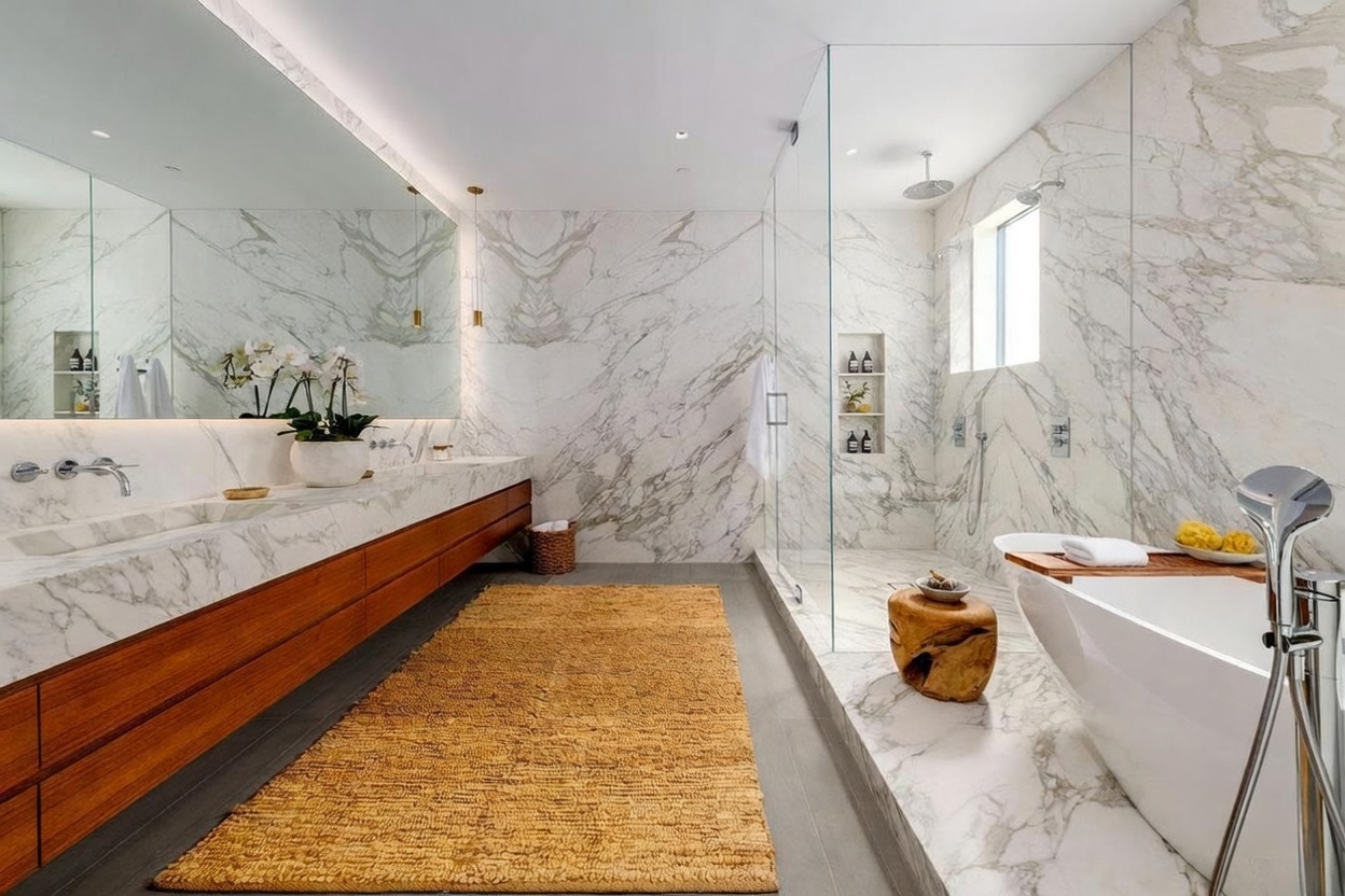 This luxurious primary bathroom features a long, floating vanity with a stone countertop and light wood cabinetry, paired with a large mirror that enhances the sense of space. A glass-enclosed walk-in shower with stone wall cladding sits adjacent to a deep soaking tub, creating a spa-like atmosphere. The room is grounded by a textured rug on the floor, and the overall aesthetic is modern, clean, and sophisticated.
