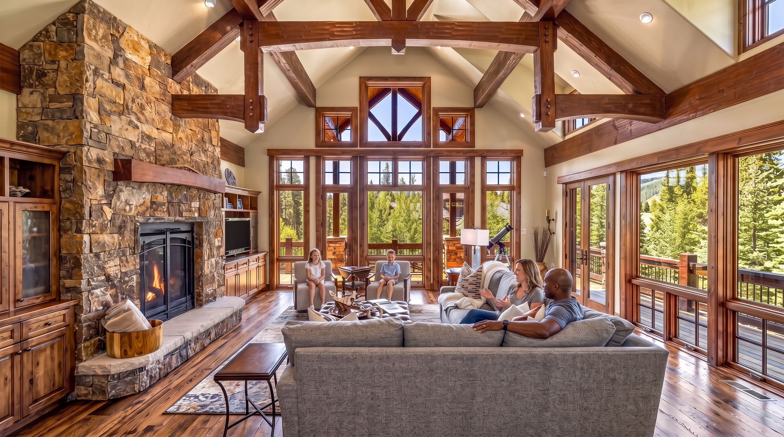 This spacious, open-concept living room features soaring cathedral ceilings with exposed wooden beams and a magnificent floor-to-ceiling stone fireplace. Large windows flood the space with natural light and offer expansive views of the surrounding woodland. The room is beautifully furnished with a comfortable sectional sofa and features rich hardwood flooring, creating a warm, inviting mountain lodge atmosphere.
