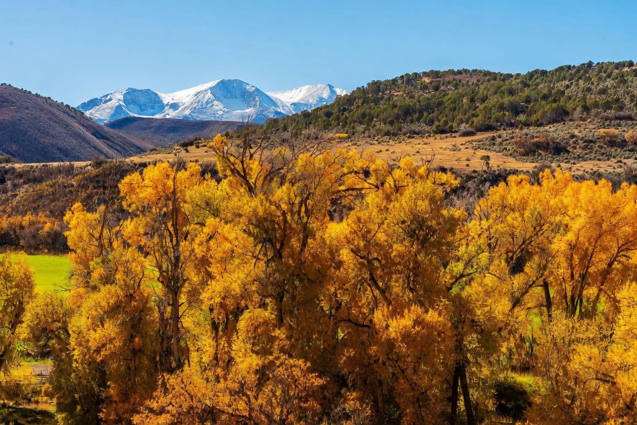 This scenic landscape view captures a vibrant autumn scene featuring golden-yellow trees in the foreground set against a backdrop of rolling hills and majestic, snow-capped mountains. The composition highlights the contrast between the warm, seasonal foliage and the crisp, clear blue sky, suggesting a serene and expansive natural setting. The perspective is elevated, providing a sweeping, panoramic look at the property's surrounding environment.