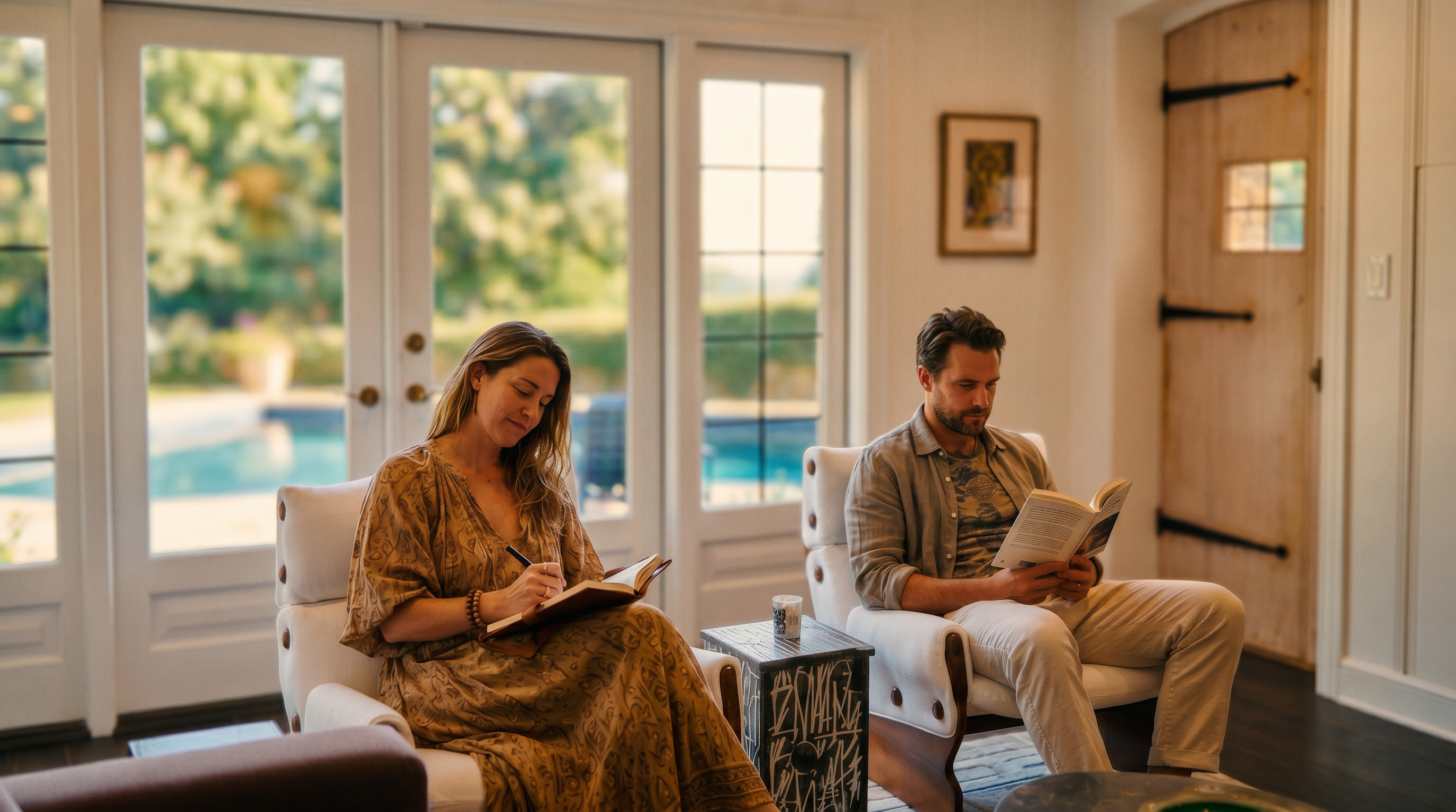 This cozy living room features a warm, rustic aesthetic with white vertical paneling, a brick fireplace, and a distinctive arched wooden door. The space is furnished with comfortable armchairs and a unique coffee table, while large glass doors provide a seamless transition to the outdoor pool area. The room exudes a relaxed, inviting atmosphere perfect for casual lounging.