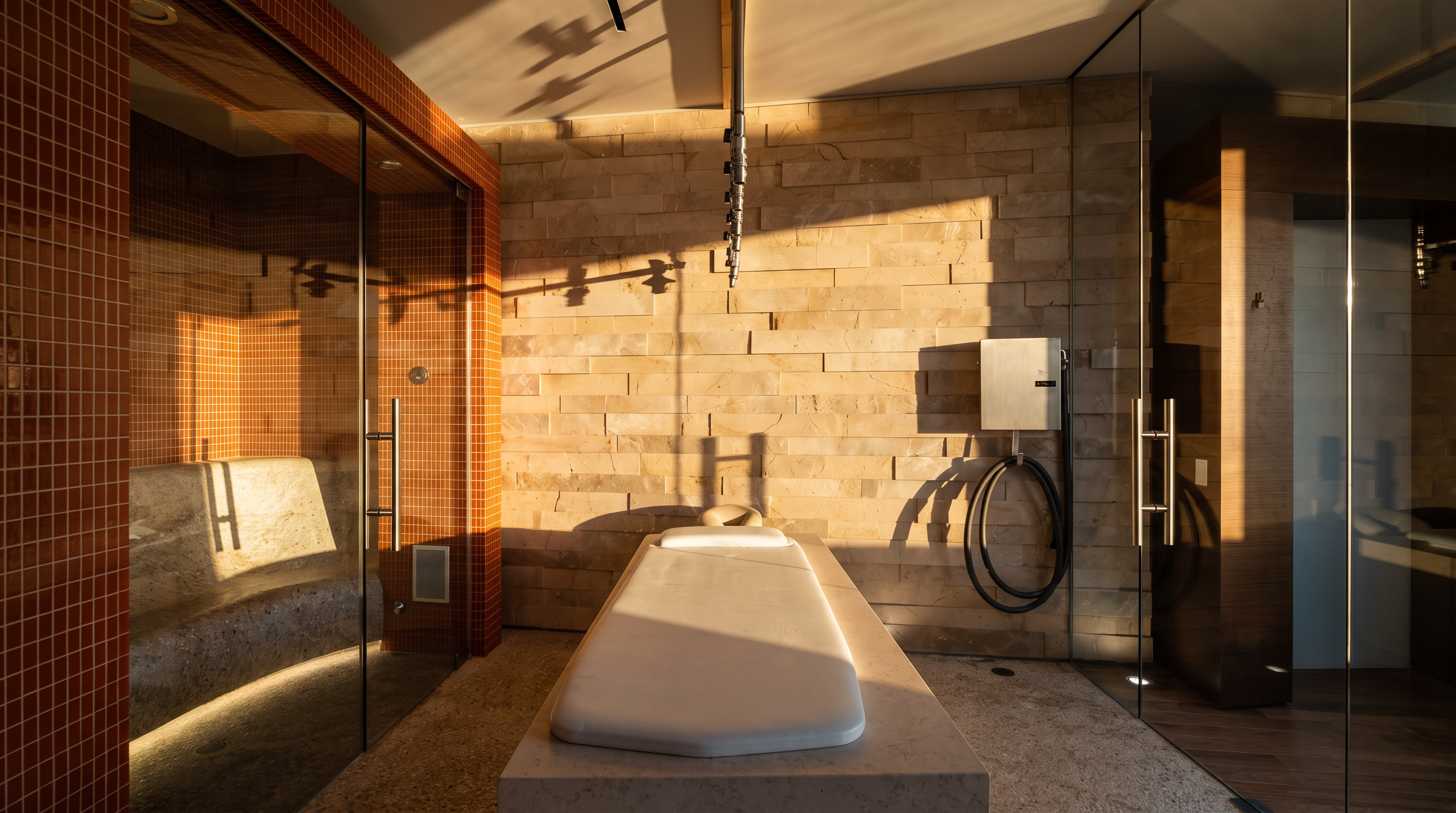 This luxurious spa-inspired bathroom features a central stone massage table set against a textured stone wall. To the left, a glass-enclosed steam shower is lined with vibrant orange mosaic tiles, while a glass-enclosed area to the right provides additional space. The room is designed with a minimalist aesthetic, emphasizing high-end materials and a serene, wellness-focused atmosphere.