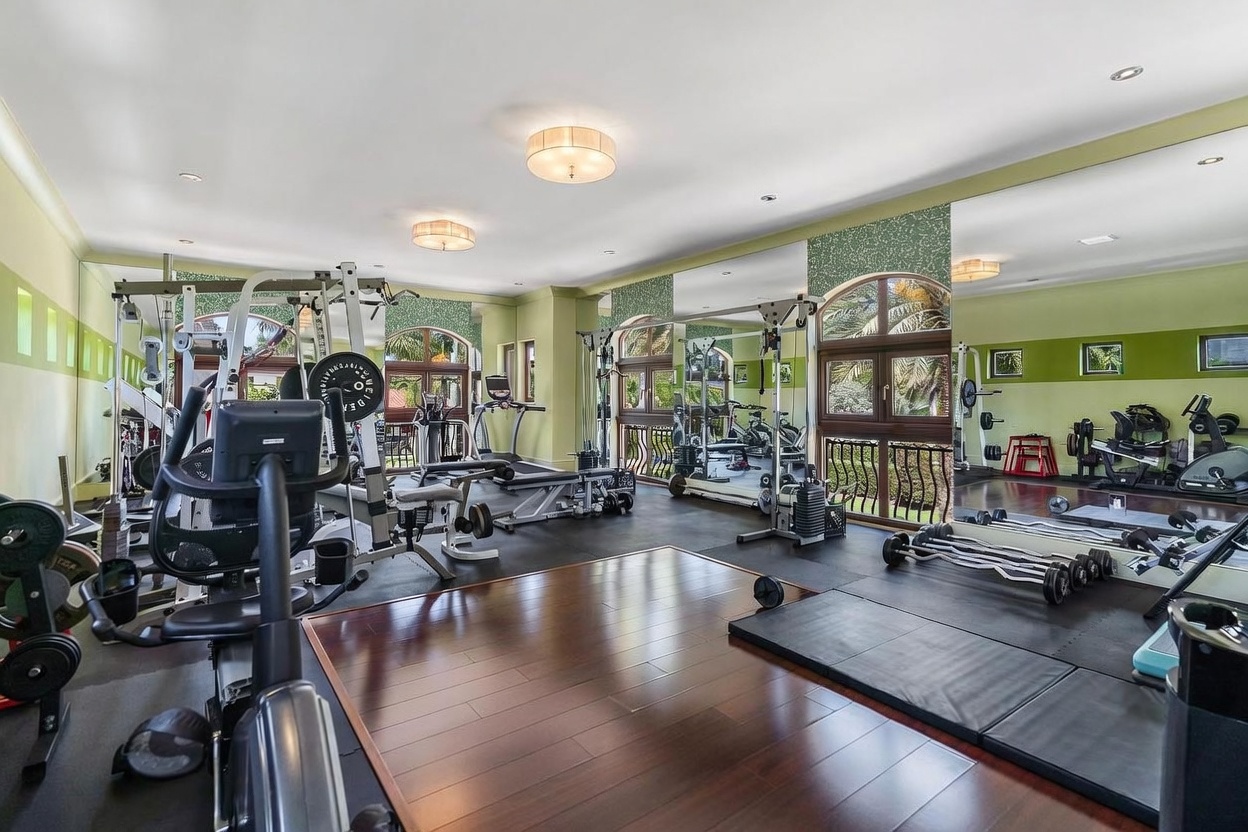 This spacious home gym features a combination of hardwood and rubber flooring, equipped with a variety of professional-grade fitness machines, including a multi-station weight system, treadmills, and free weights. Large wall-to-wall mirrors enhance the sense of space, while arched windows with views of lush greenery provide a bright and inviting atmosphere. The room is well-lit with multiple ceiling fixtures, creating a functional and motivating environment for exercise.