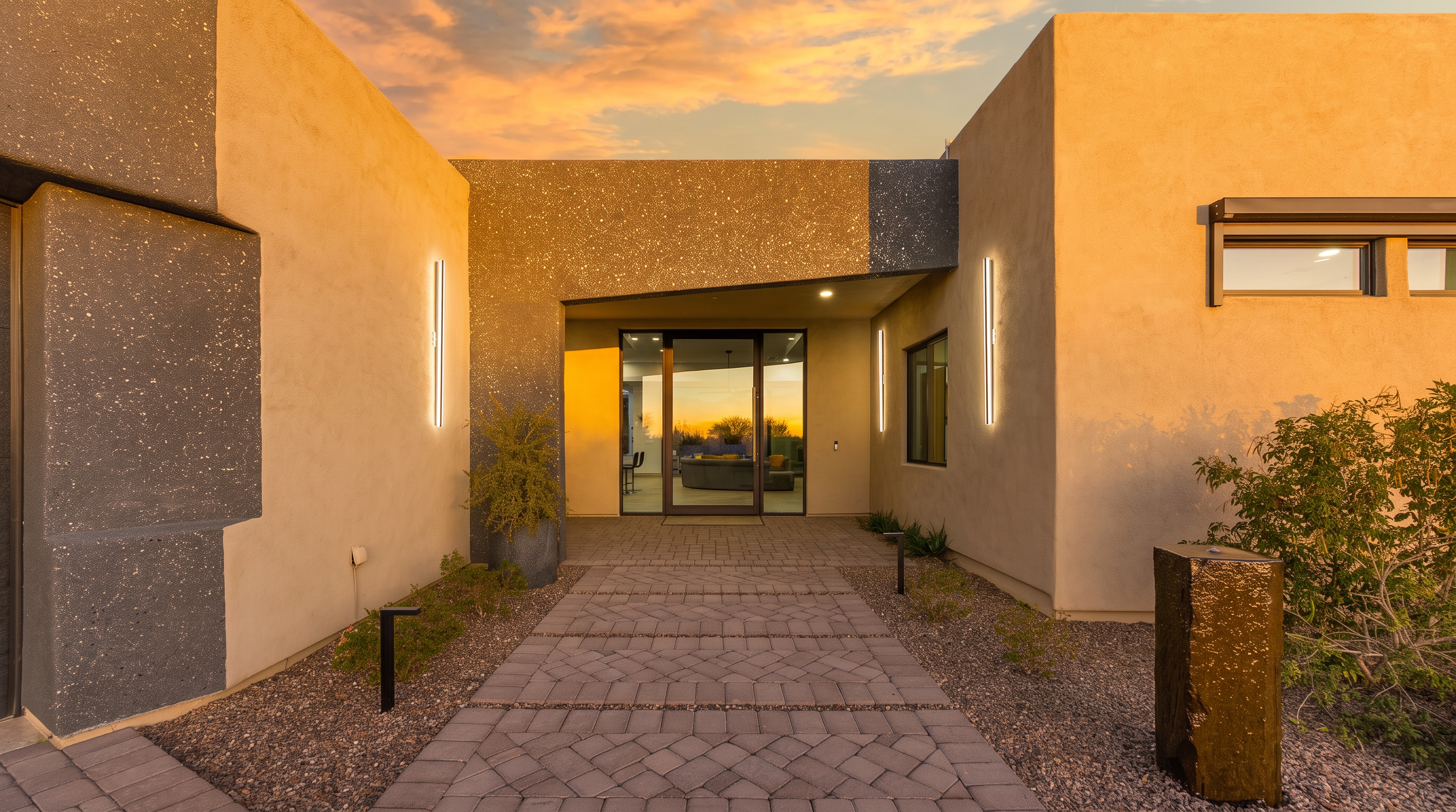 This modern entryway features a striking architectural design with a combination of smooth tan stucco and textured dark gray stone accents. A paved walkway leads directly to a glass-paneled front door, flanked by two tall, vertical wall-mounted light fixtures that cast a warm glow. The scene is captured at dusk, with the soft colors of the sunset reflecting in the glass and illuminating the home's clean, contemporary lines.
