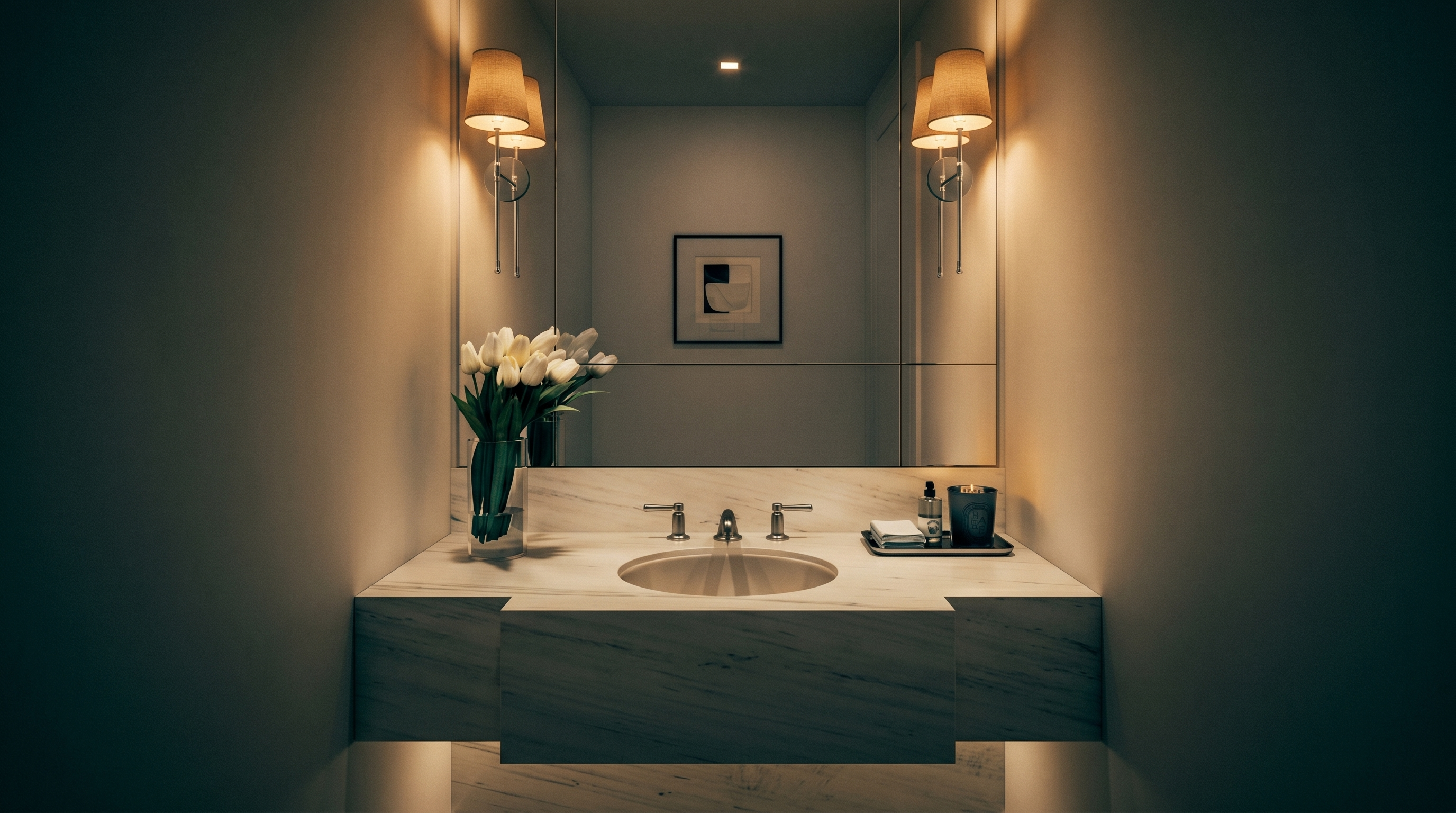 This elegant powder room features a floating vanity topped with a light-toned stone counter and a centered undermount sink. A large, wall-to-wall mirror reflects the space, flanked by two sophisticated wall sconces that provide warm, ambient lighting. A vase of white tulips and a small tray of accessories add a refined, welcoming touch to this minimalist and modern space.