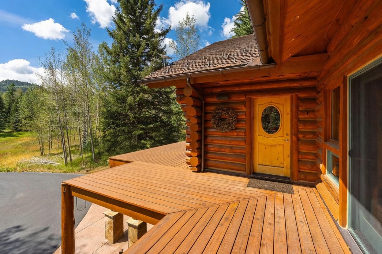 This image showcases a rustic log cabin deck featuring unique, branch-inspired metal railings that overlook a lush, wooded landscape. A wooden door with an oval glass insert serves as the main entry, accented by a decorative wreath and warm-toned log walls. The perspective captures the inviting outdoor living space, highlighting the natural textures and the serene mountain setting.