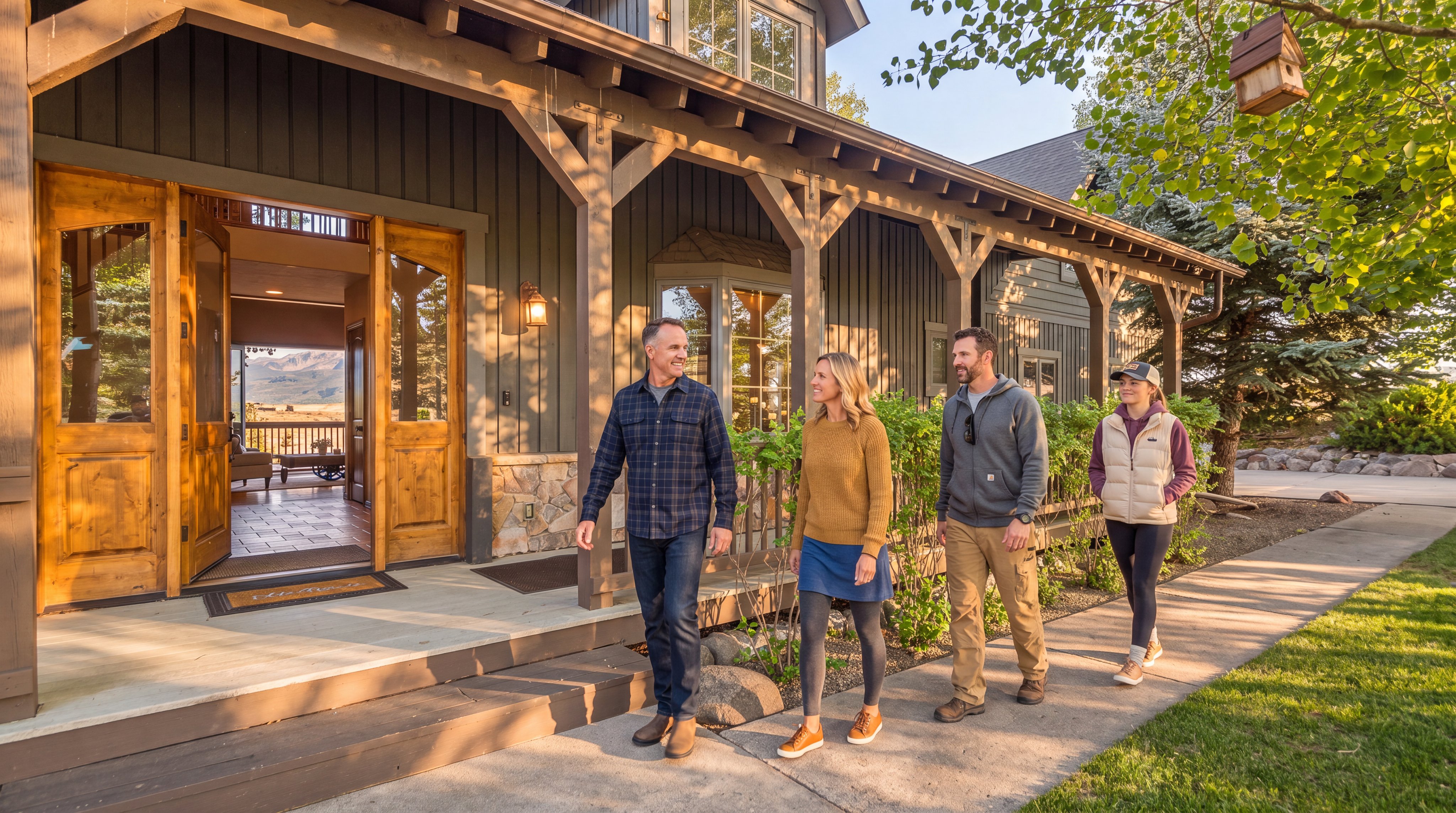 This inviting home features a charming covered front porch with rustic wood supports and stone foundation detailing. Wide, double wooden doors open into the interior, offering a glimpse through to a scenic mountain view beyond. The well-maintained exterior includes lush landscaping along the perimeter and a paved concrete walkway, presenting a warm and welcoming curb appeal.